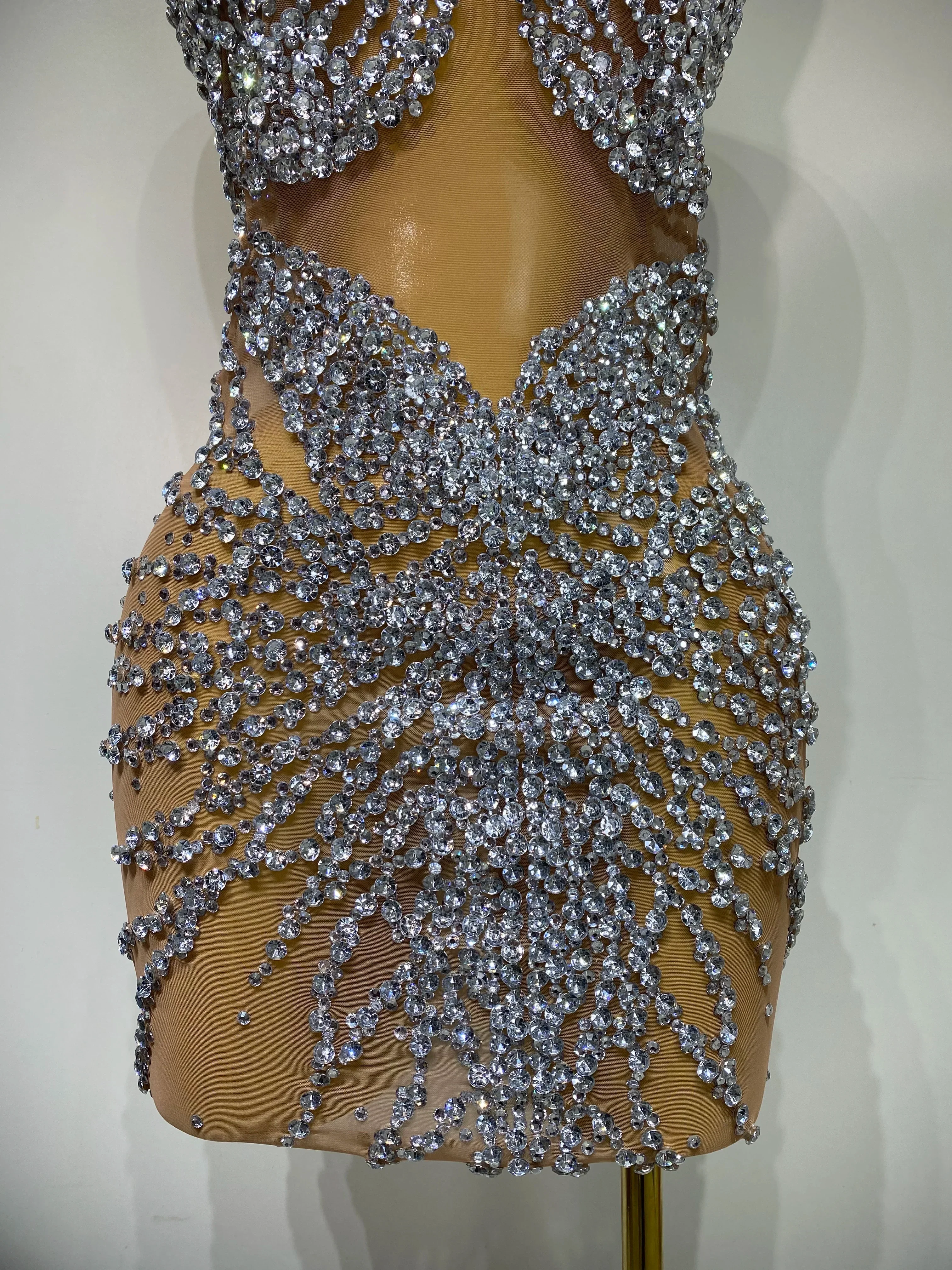 Luxury Rhinestones Mesh Transparent Prom Mini Dress Shinny Women Birthday Celebrate Party Prom Nightclub Outfit Stage Costume - Image 6