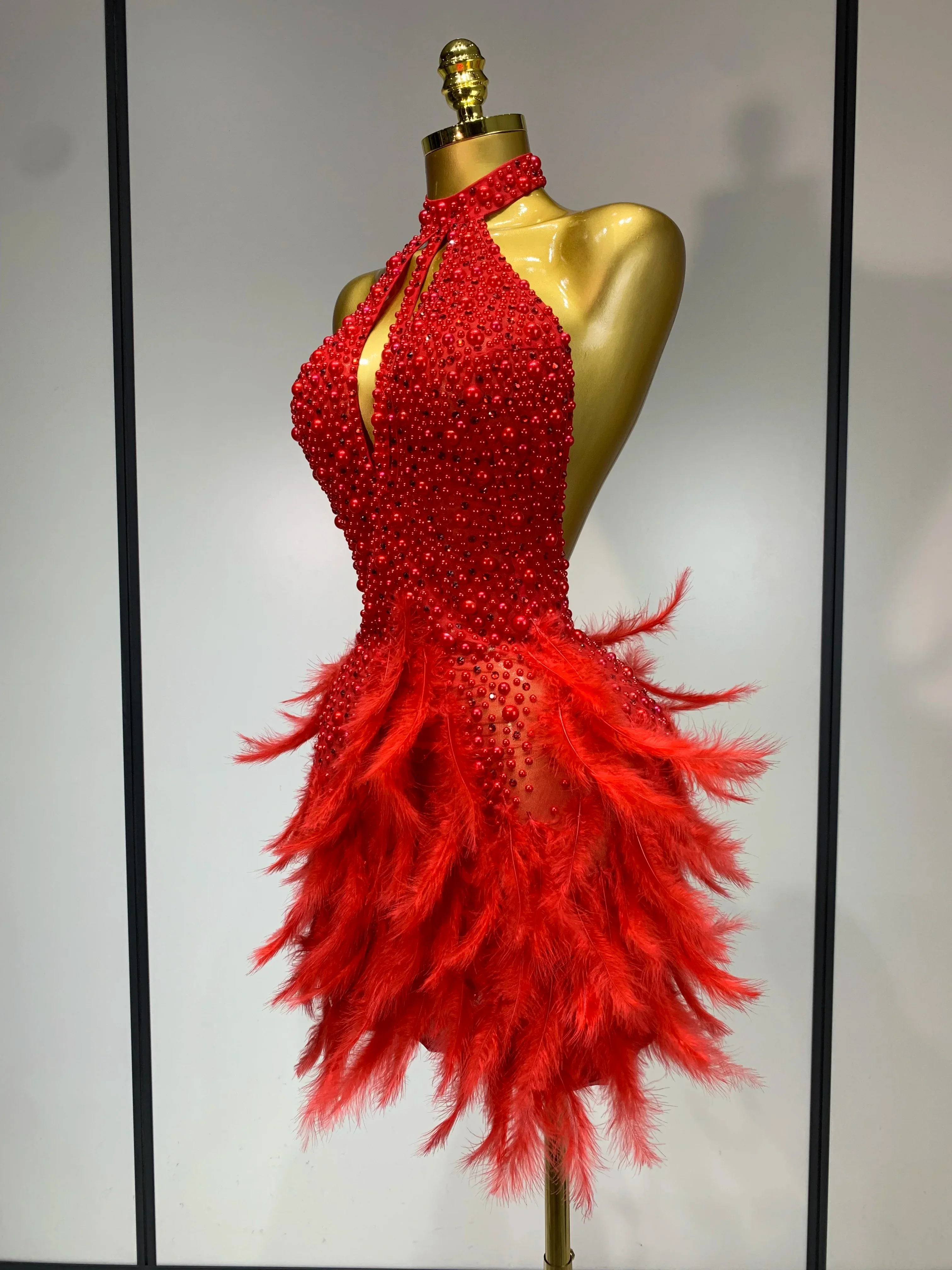 Luxury Rhinestones Pearls Halter Backless Short Feathers Dress Women Sexy Celebrate Birthday Dress Performance Dance Costume - Image 2