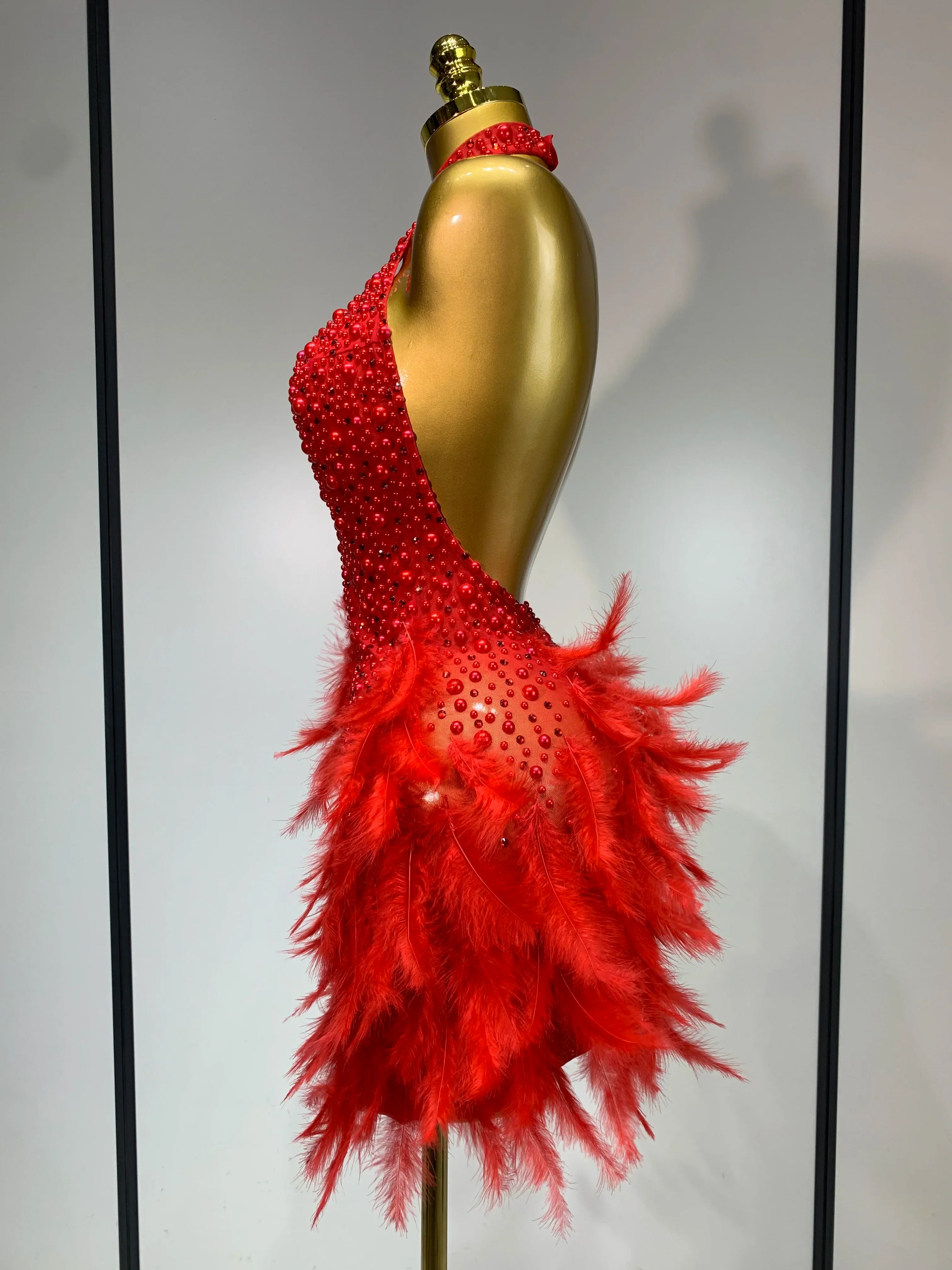 Luxury Rhinestones Pearls Halter Backless Short Feathers Dress Women Sexy Celebrate Birthday Dress Performance Dance Costume - Image 3