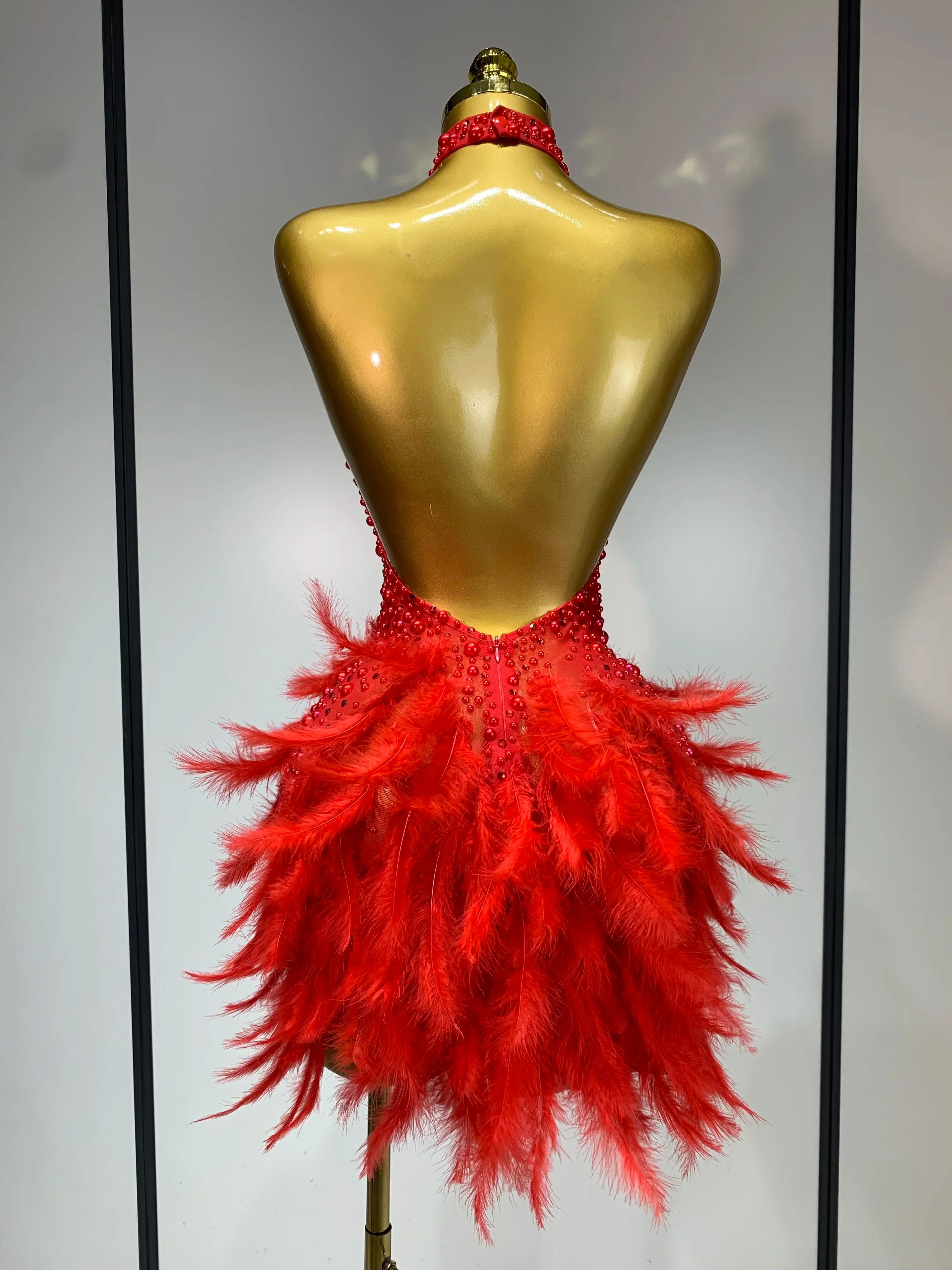 Luxury Rhinestones Pearls Halter Backless Short Feathers Dress Women Sexy Celebrate Birthday Dress Performance Dance Costume - Image 4