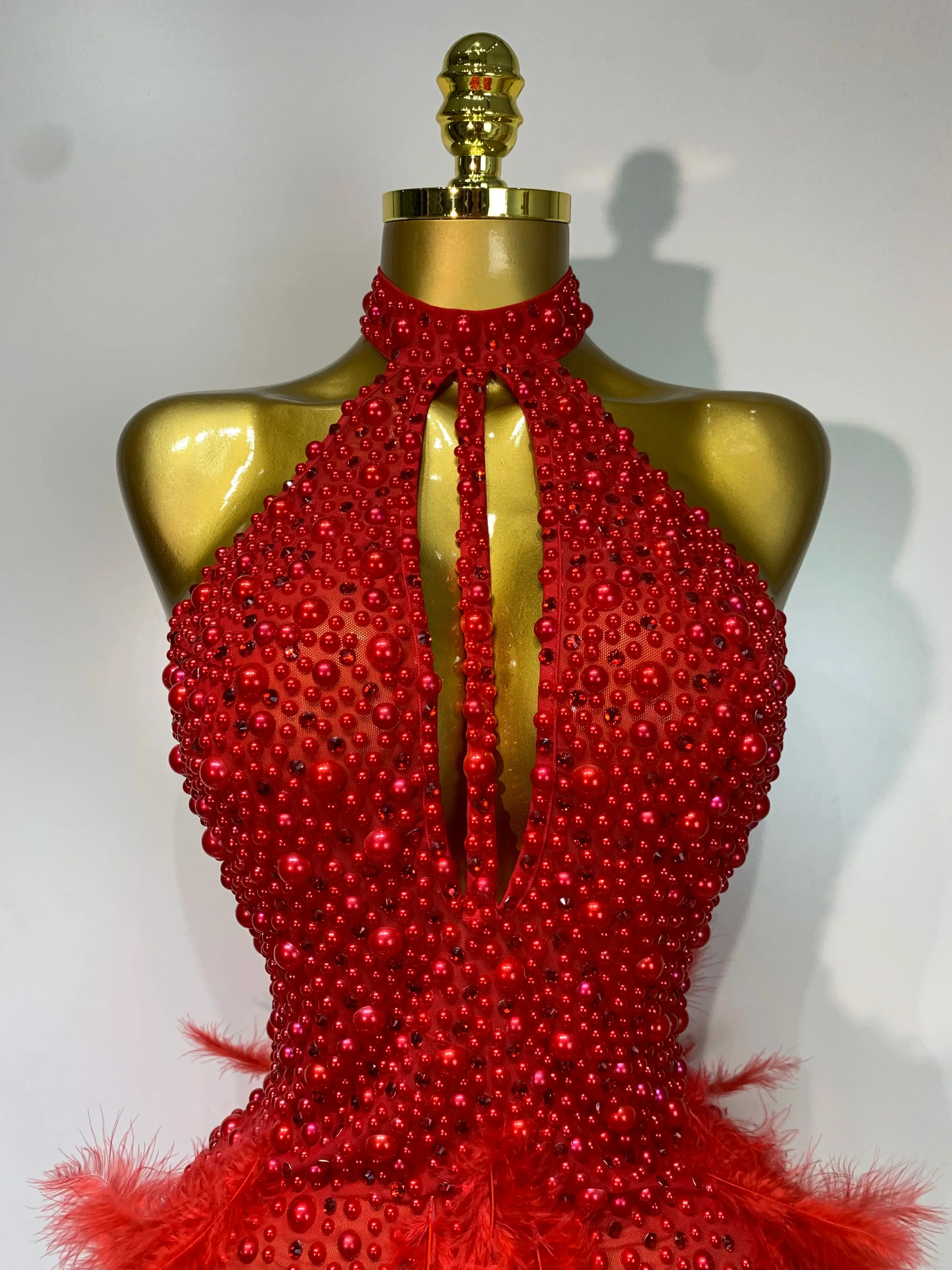 Luxury Rhinestones Pearls Halter Backless Short Feathers Dress Women Sexy Celebrate Birthday Dress Performance Dance Costume - Image 5