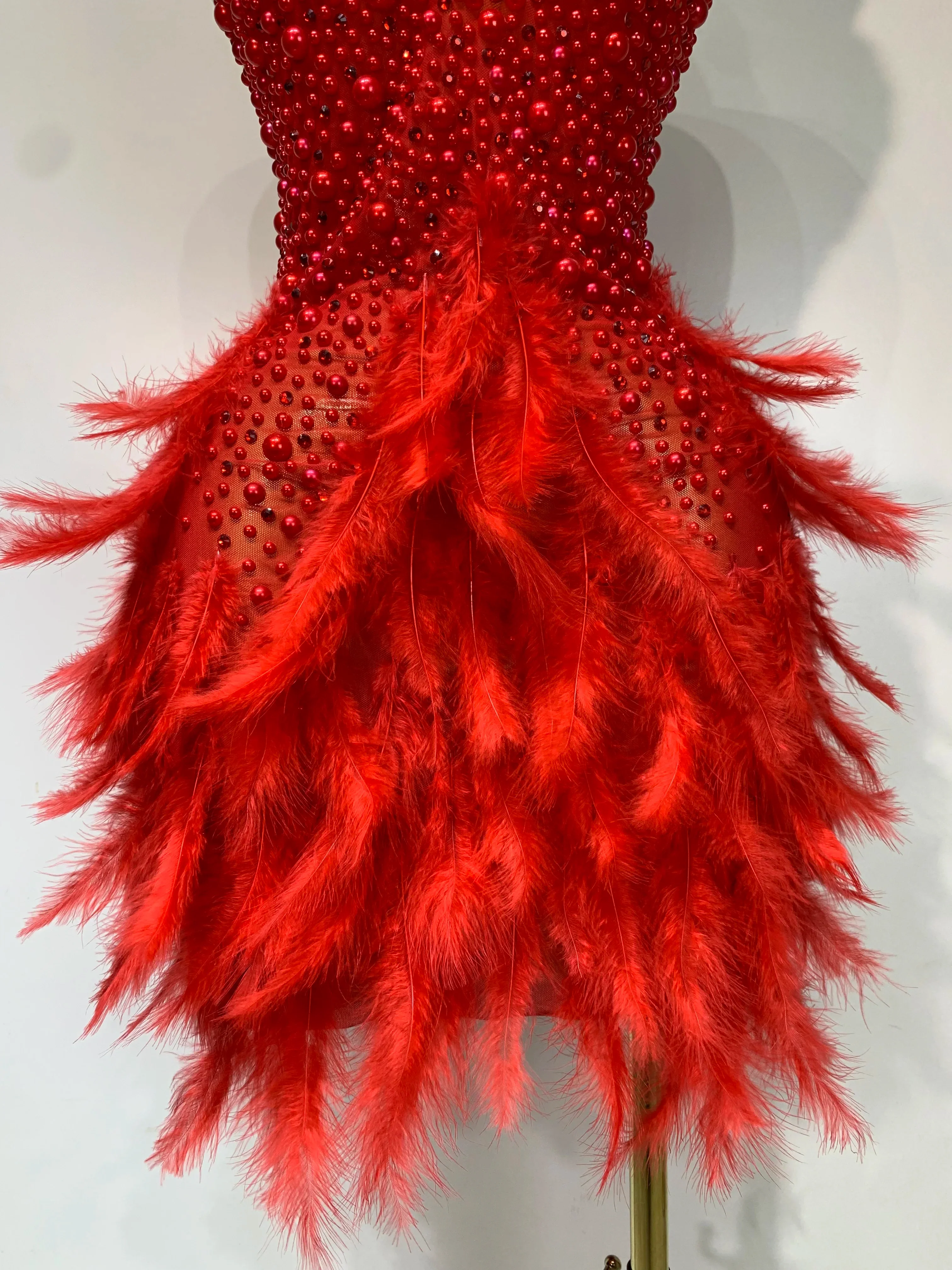 Luxury Rhinestones Pearls Halter Backless Short Feathers Dress Women Sexy Celebrate Birthday Dress Performance Dance Costume - Image 6