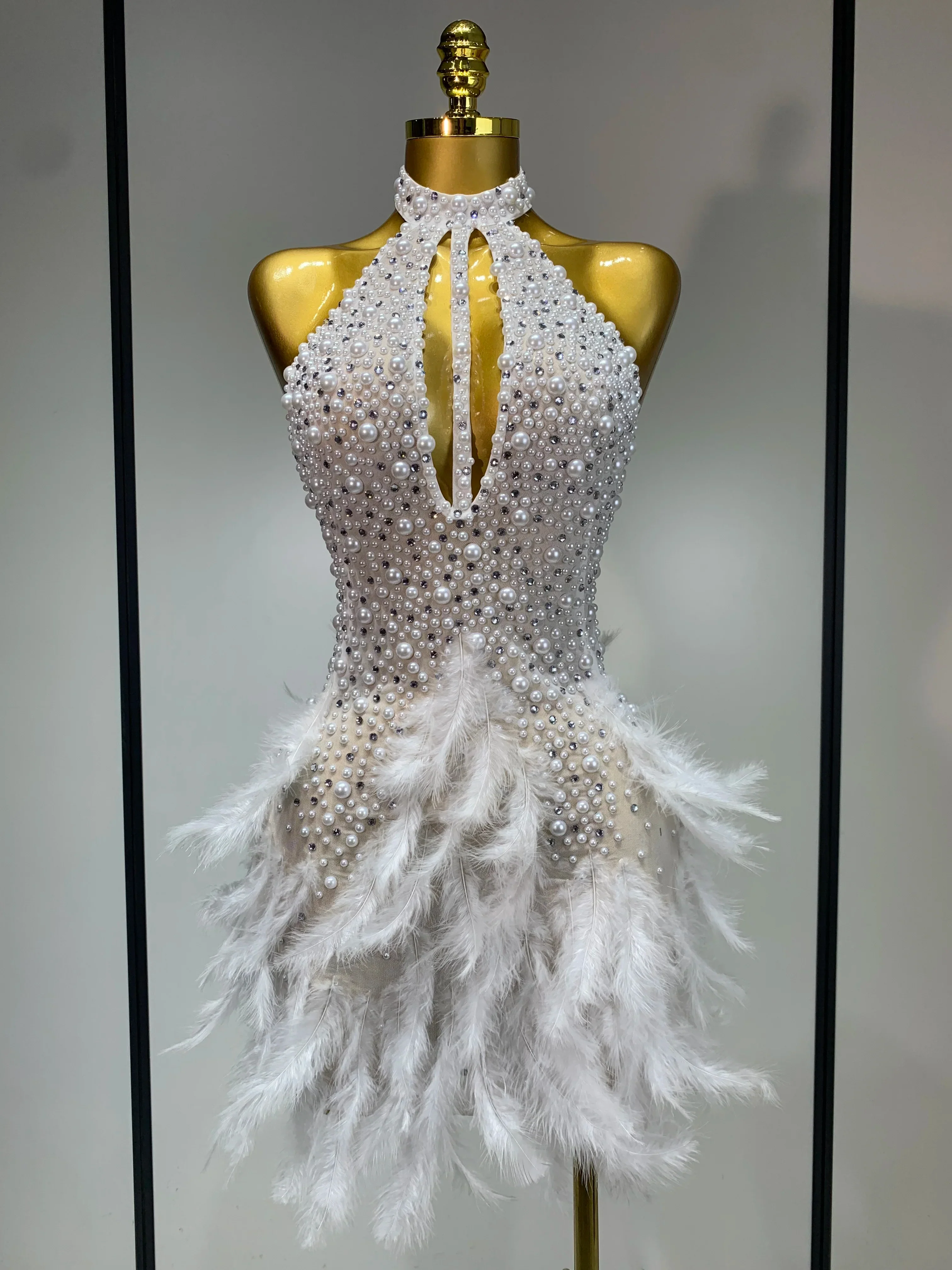 Luxury Rhinestones Pearls Halter Backless Short Feathers Dress Women Sexy Celebrate Birthday Dress Performance Dance Costume - Image 7