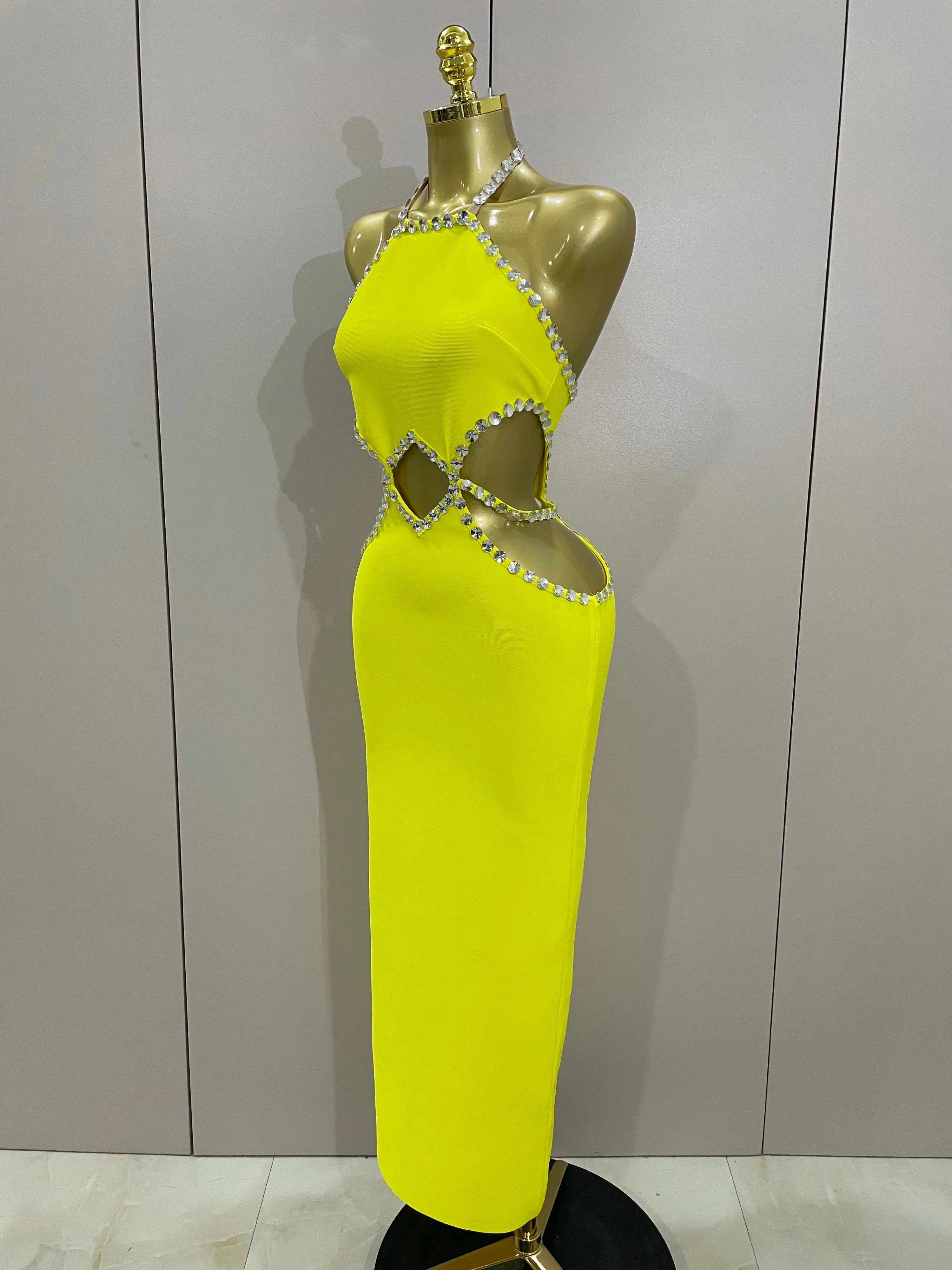 Luxury Sexy Backless Halter Beading Maxi Long Lemon Yellow Bandage Dress  Women Elegant Evening Club Birthday Party Dress - Image 2