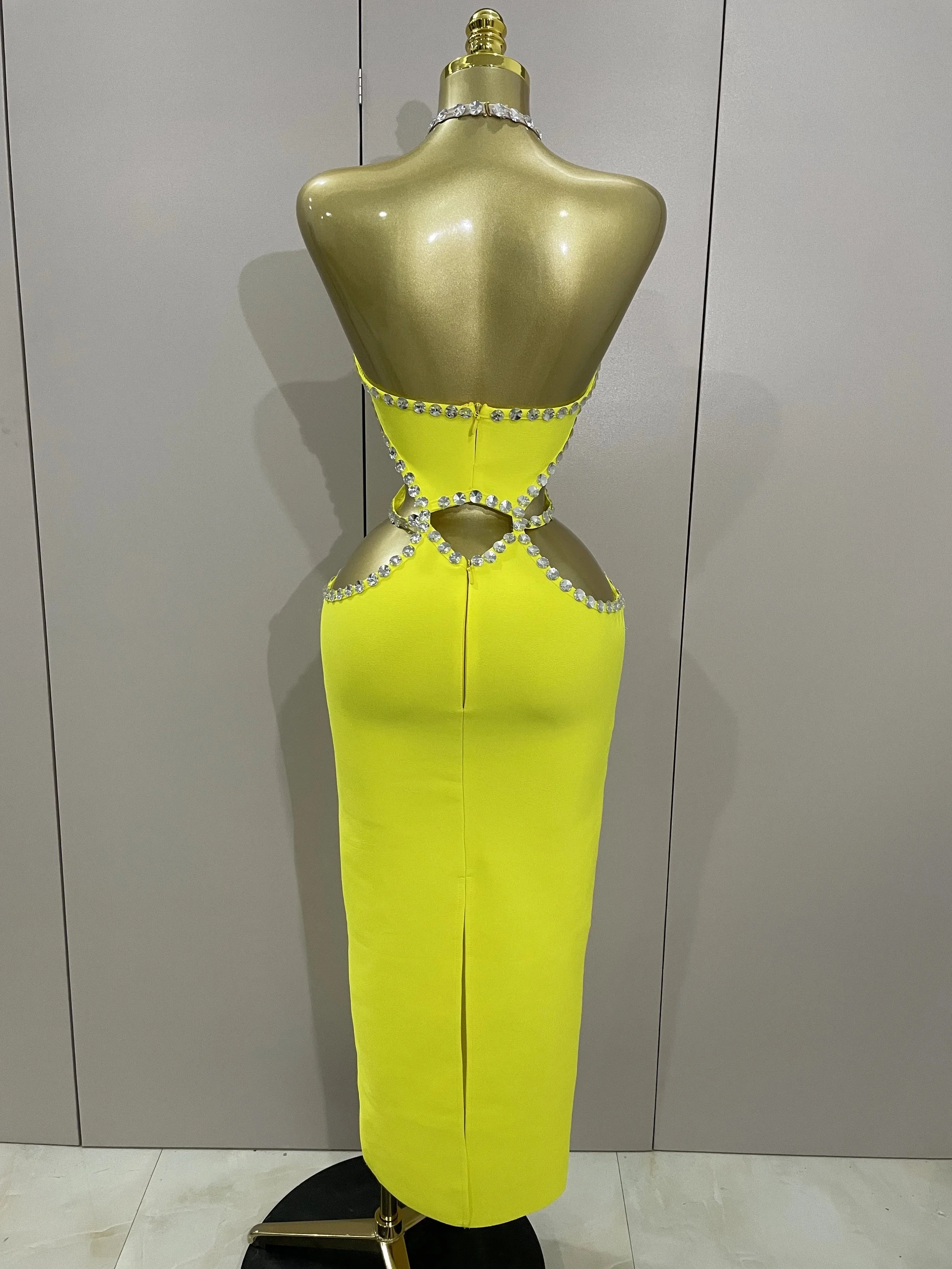 Luxury Sexy Backless Halter Beading Maxi Long Lemon Yellow Bandage Dress  Women Elegant Evening Club Birthday Party Dress - Image 3
