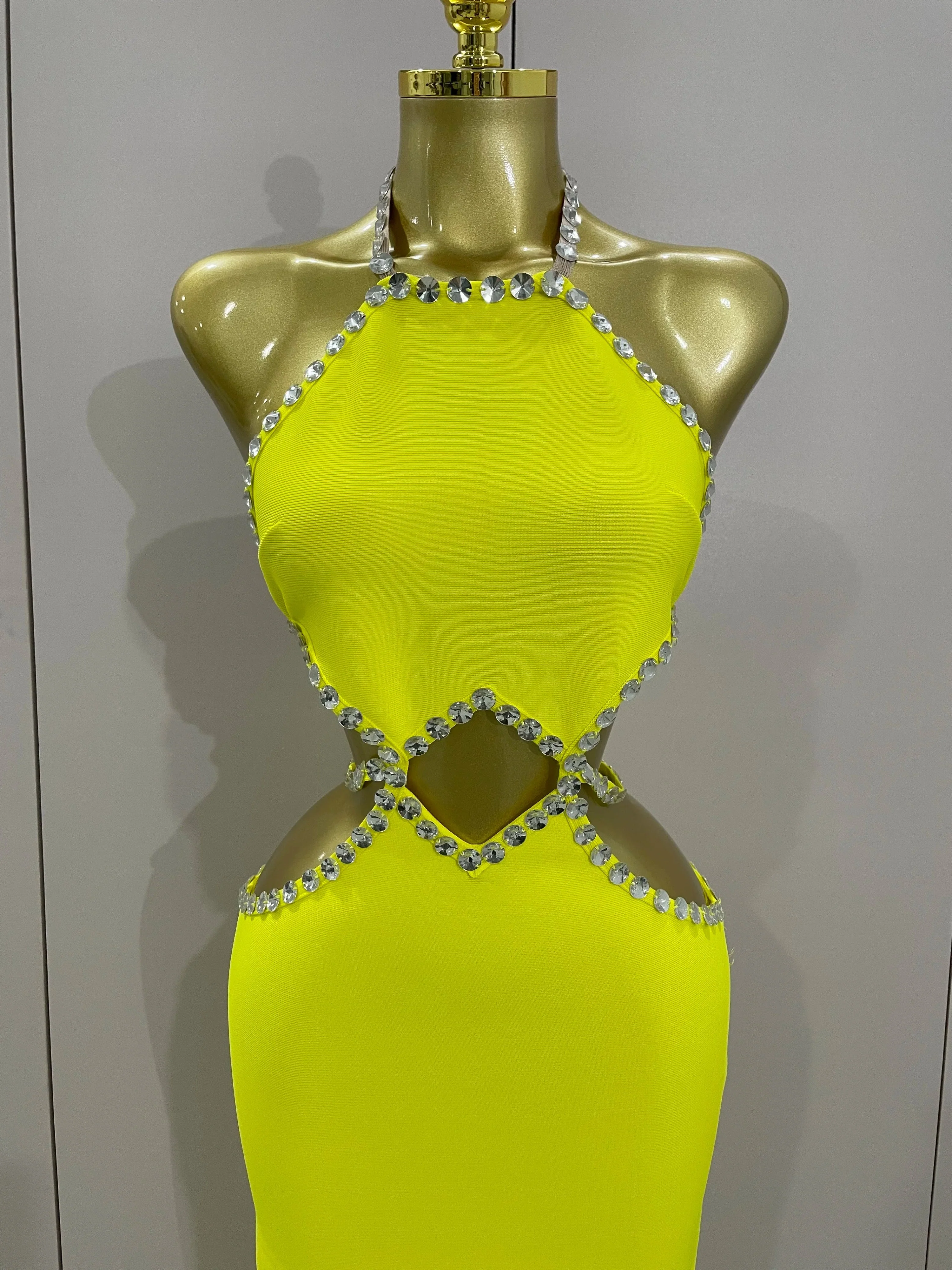 Luxury Sexy Backless Halter Beading Maxi Long Lemon Yellow Bandage Dress  Women Elegant Evening Club Birthday Party Dress - Image 5