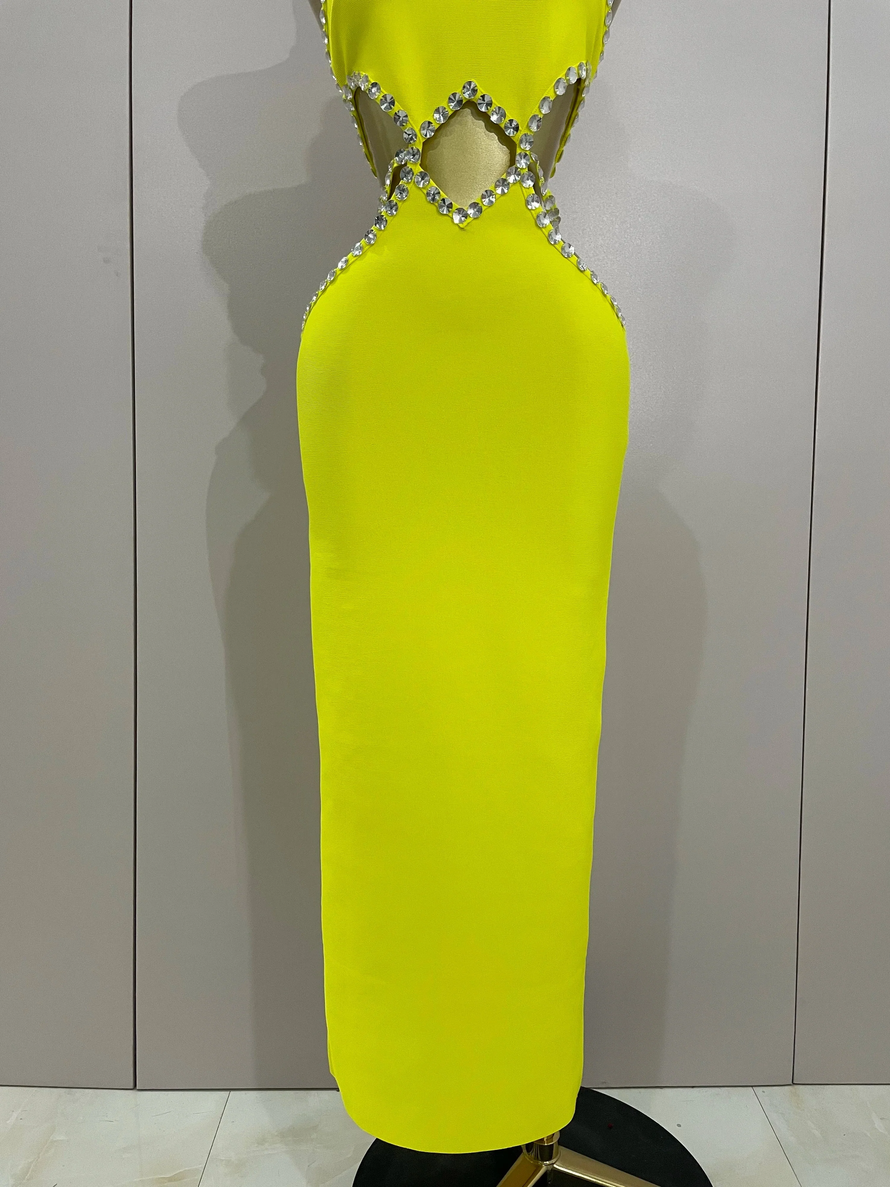 Luxury Sexy Backless Halter Beading Maxi Long Lemon Yellow Bandage Dress  Women Elegant Evening Club Birthday Party Dress - Image 6