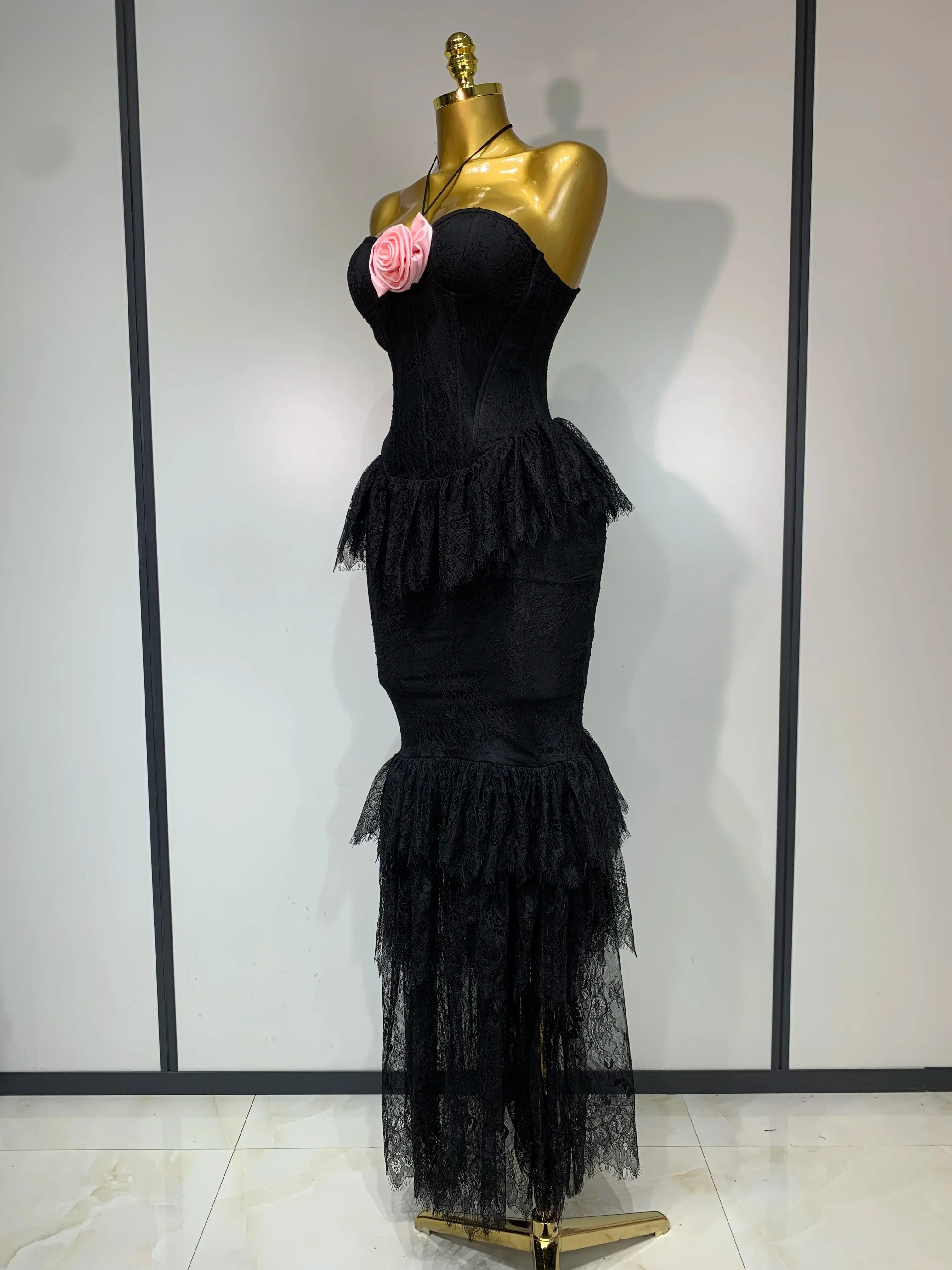 Luxury Sexy Lace Halter Flower Ruffles Long Dress Women Black Sleeveless Backless Bodycon Dresses Evening Party Birthday Dress - Image 2