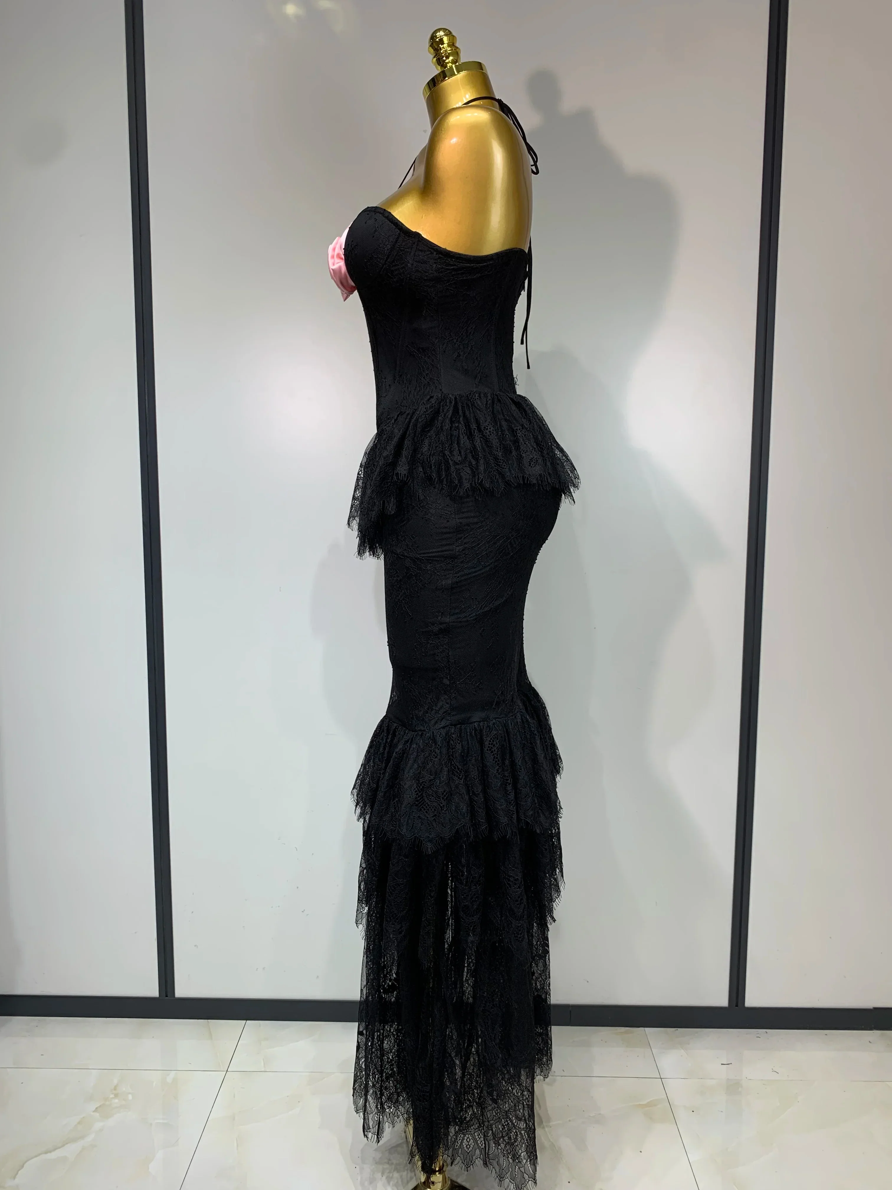 Luxury Sexy Lace Halter Flower Ruffles Long Dress Women Black Sleeveless Backless Bodycon Dresses Evening Party Birthday Dress - Image 3