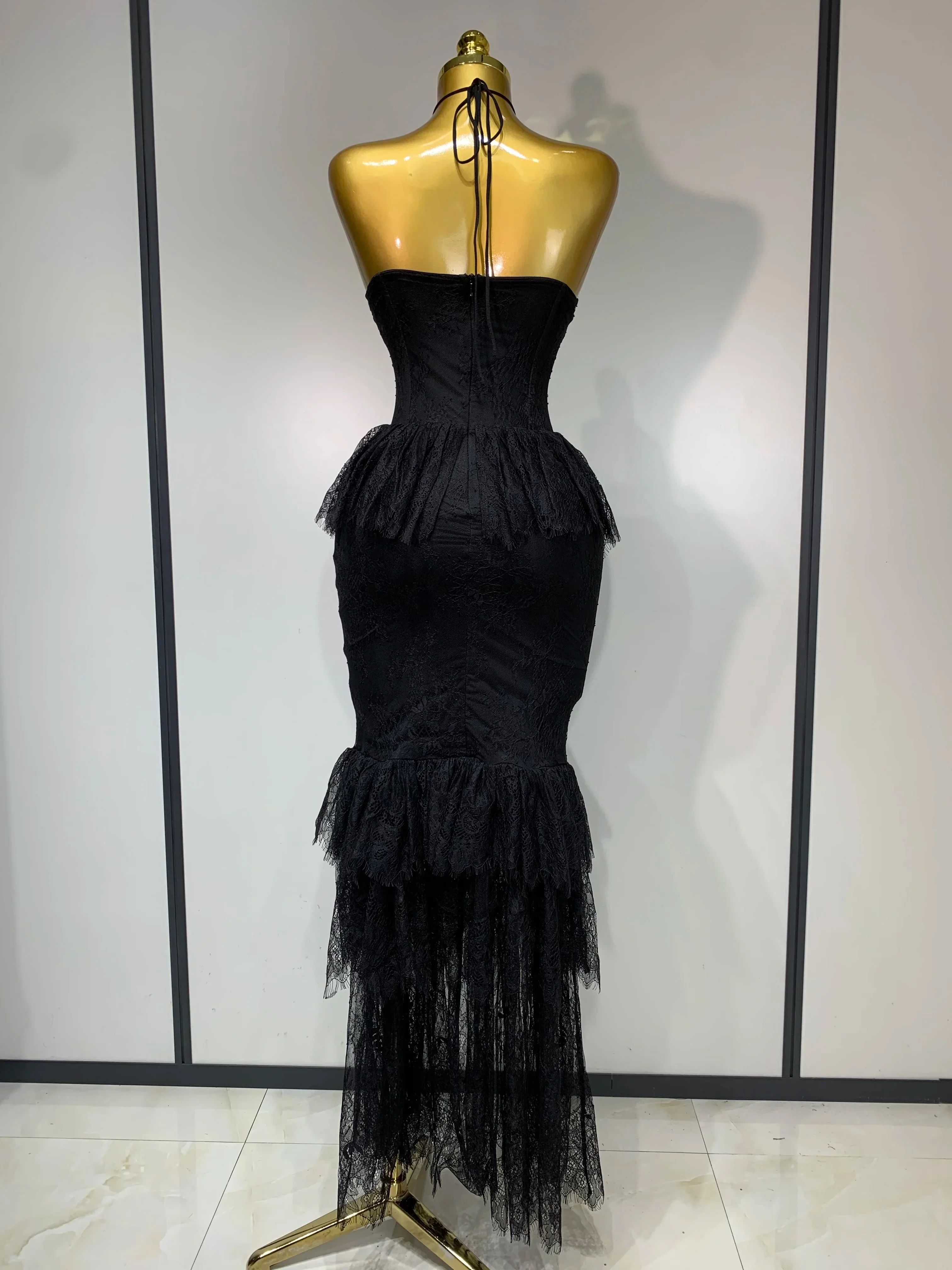 Luxury Sexy Lace Halter Flower Ruffles Long Dress Women Black Sleeveless Backless Bodycon Dresses Evening Party Birthday Dress - Image 4