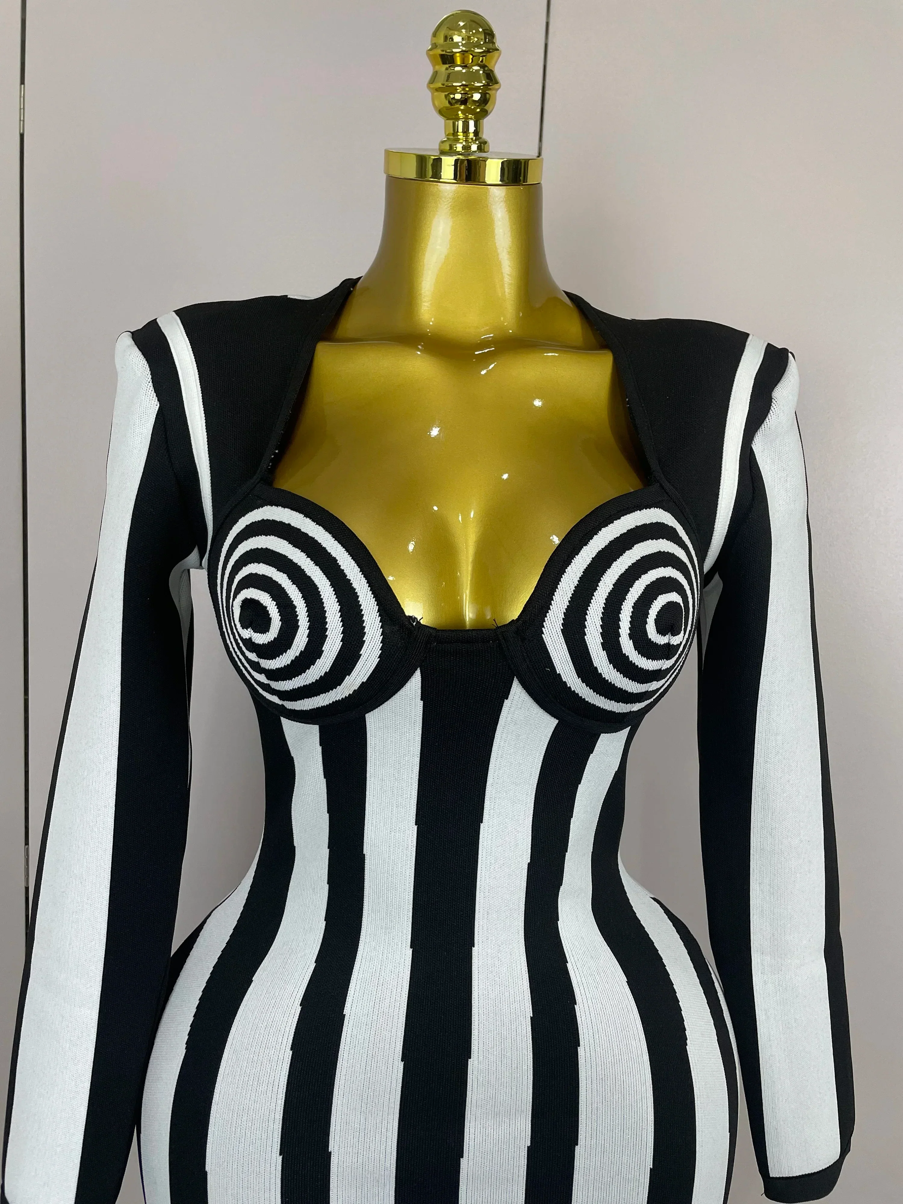 Luxury Sexy Long Sleeve Stripe Black White Mini Bandage Dress Women Knitted Celebrity Elegant Evening Club Birthday Dresses - Image 5