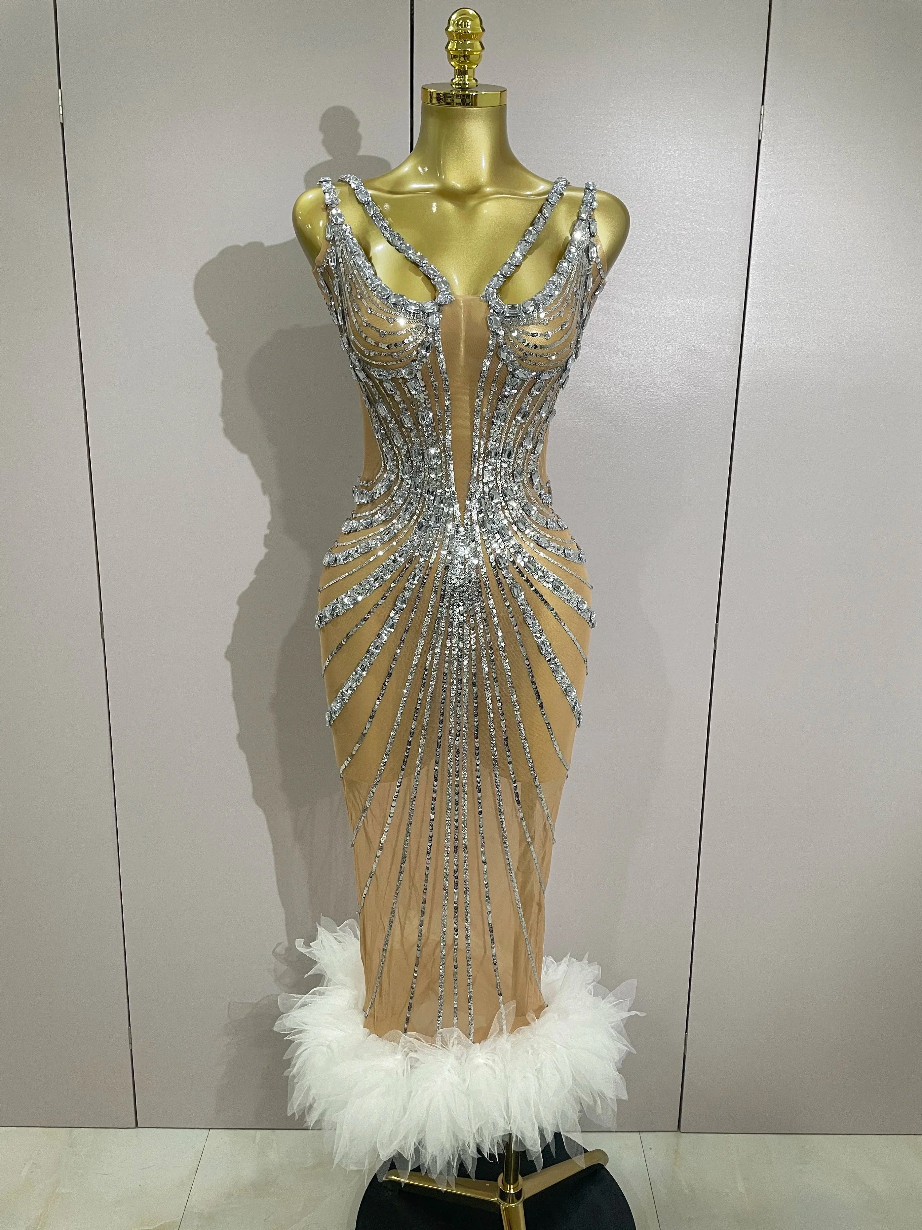Luxury Sexy Silver Rhinestone Mesh See Through Long Dress Women Birthday Party Prom Gown Singer Nightclub Stage Costume