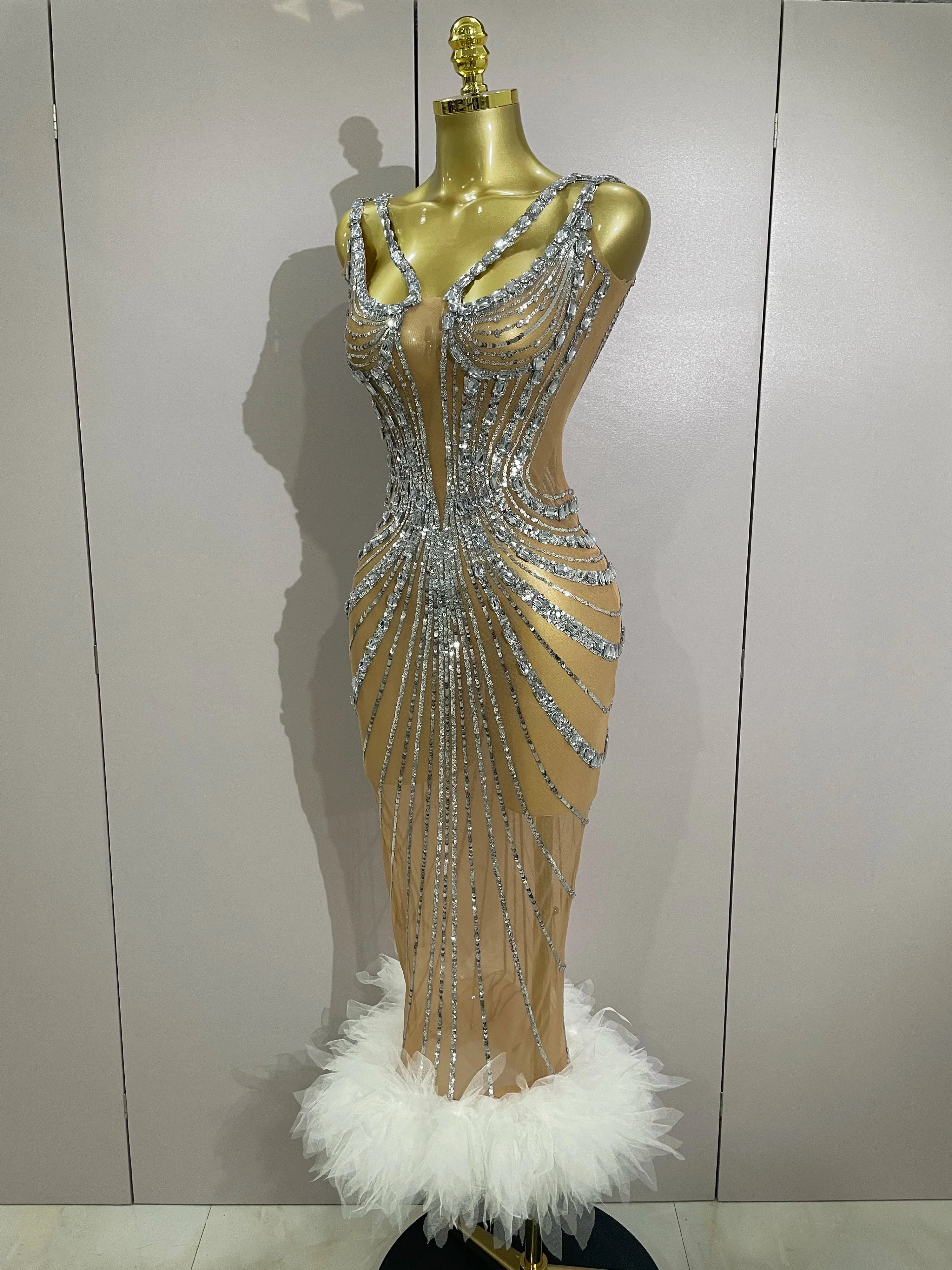 Luxury Sexy Silver Rhinestone Mesh See Through Long Dress Women Birthday Party Prom Gown Singer Nightclub Stage Costume - Image 2