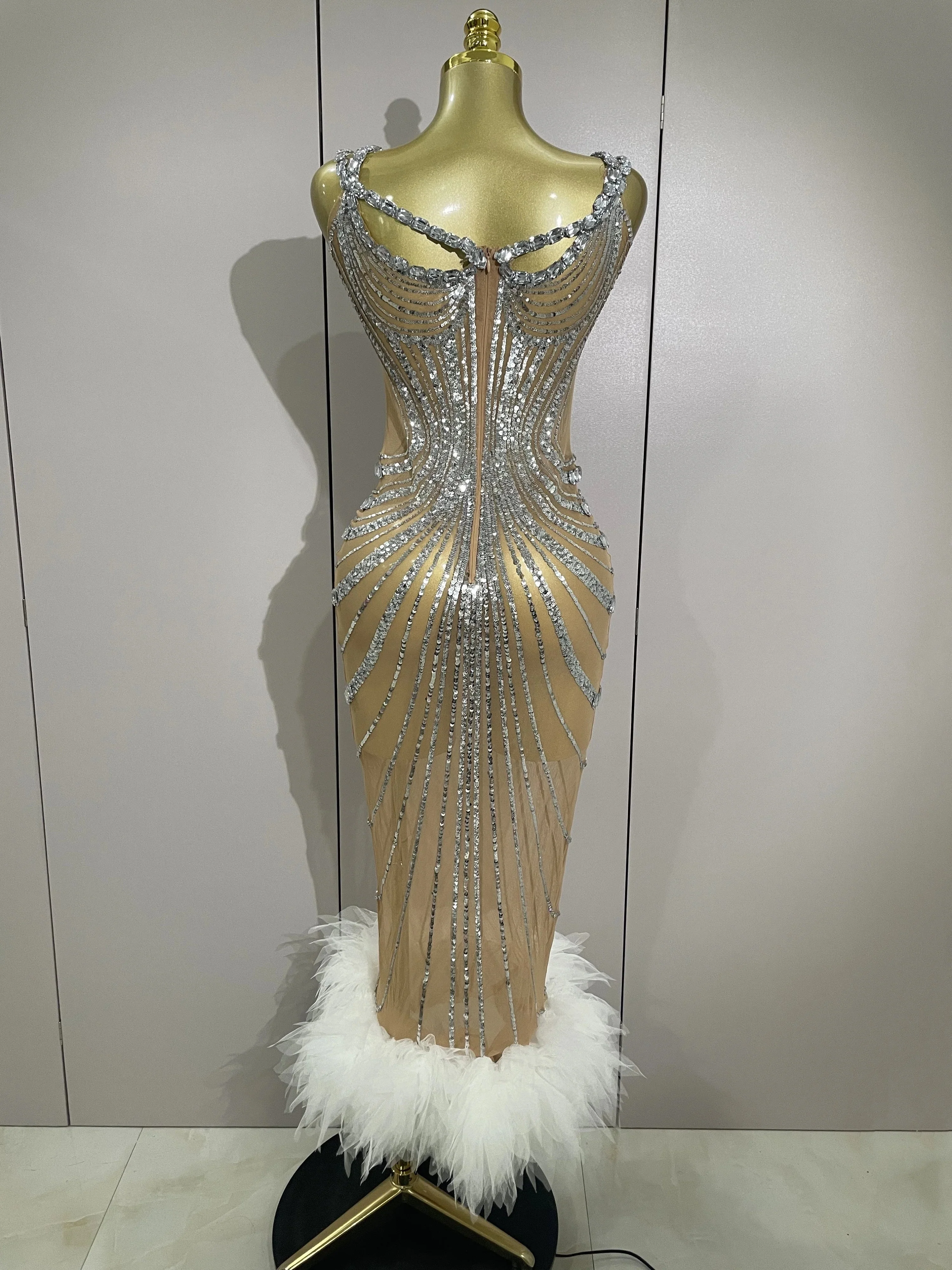Luxury Sexy Silver Rhinestone Mesh See Through Long Dress Women Birthday Party Prom Gown Singer Nightclub Stage Costume - Image 3