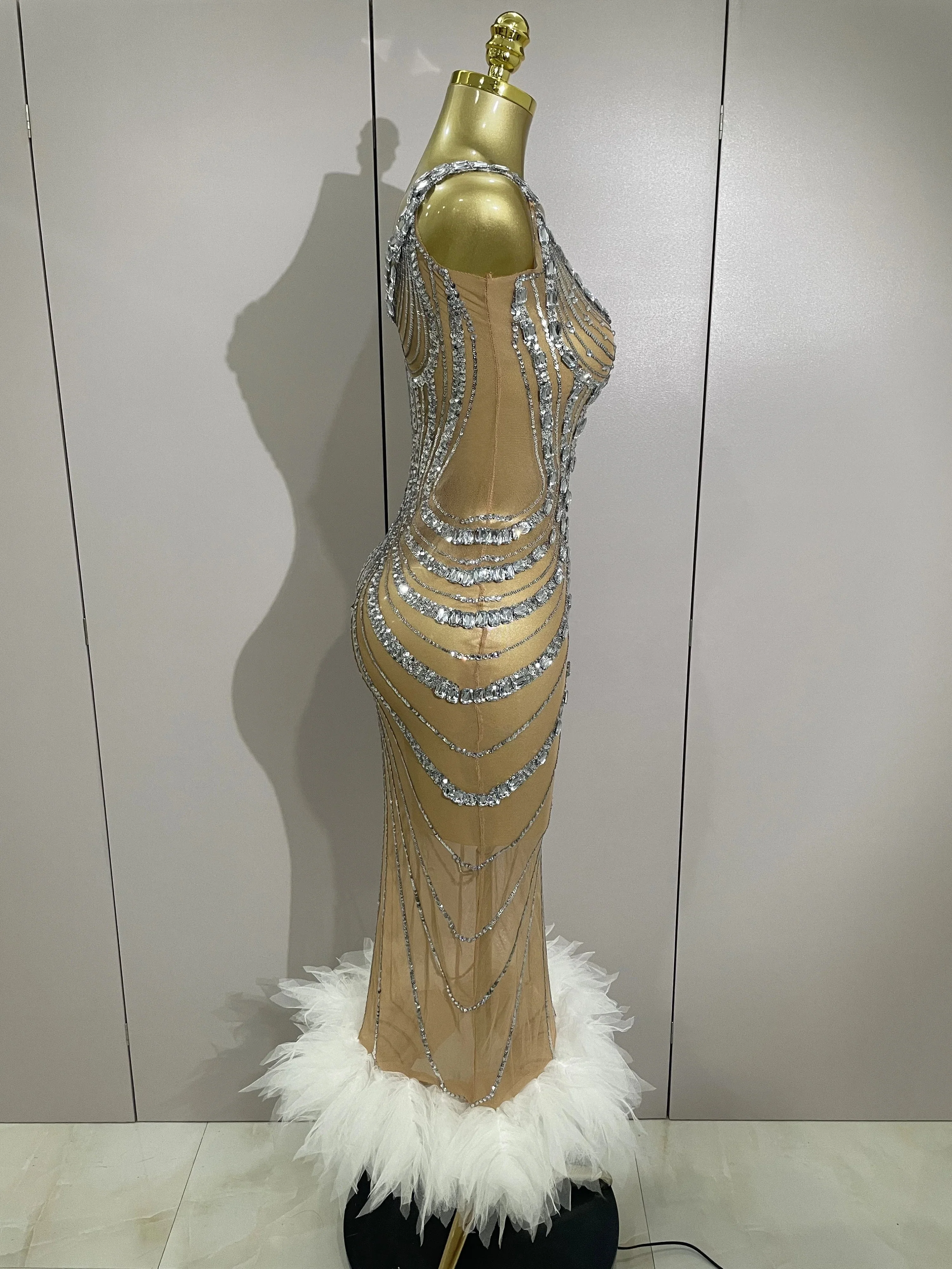 Luxury Sexy Silver Rhinestone Mesh See Through Long Dress Women Birthday Party Prom Gown Singer Nightclub Stage Costume - Image 4