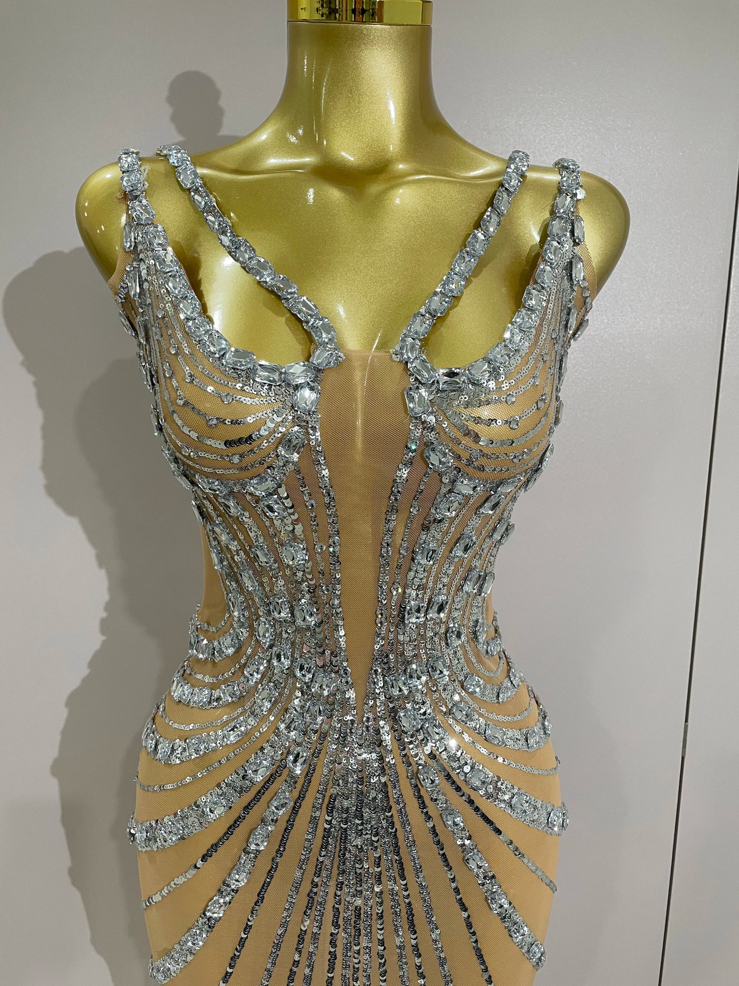 Luxury Sexy Silver Rhinestone Mesh See Through Long Dress Women Birthday Party Prom Gown Singer Nightclub Stage Costume - Image 5
