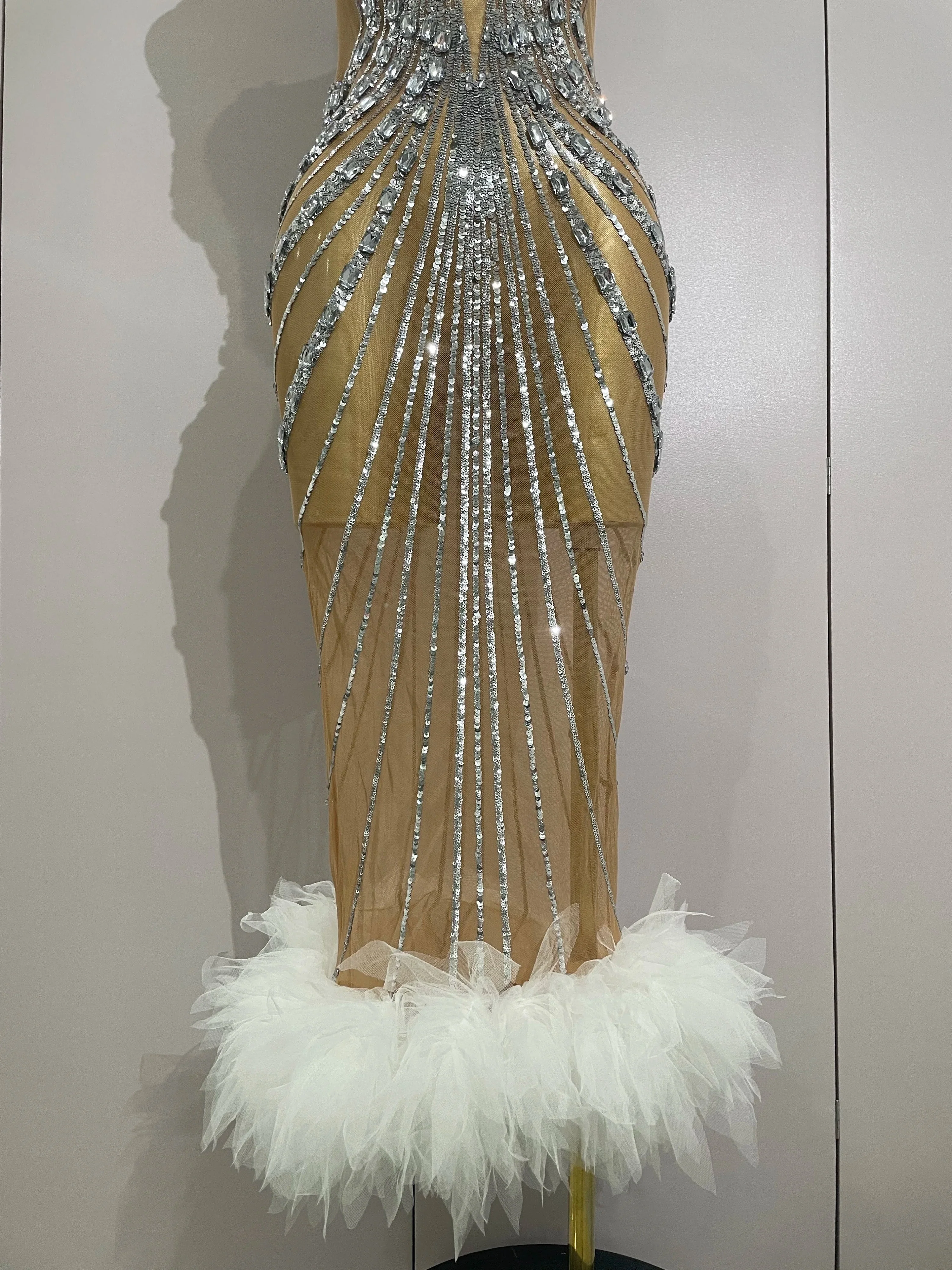 Luxury Sexy Silver Rhinestone Mesh See Through Long Dress Women Birthday Party Prom Gown Singer Nightclub Stage Costume - Image 6