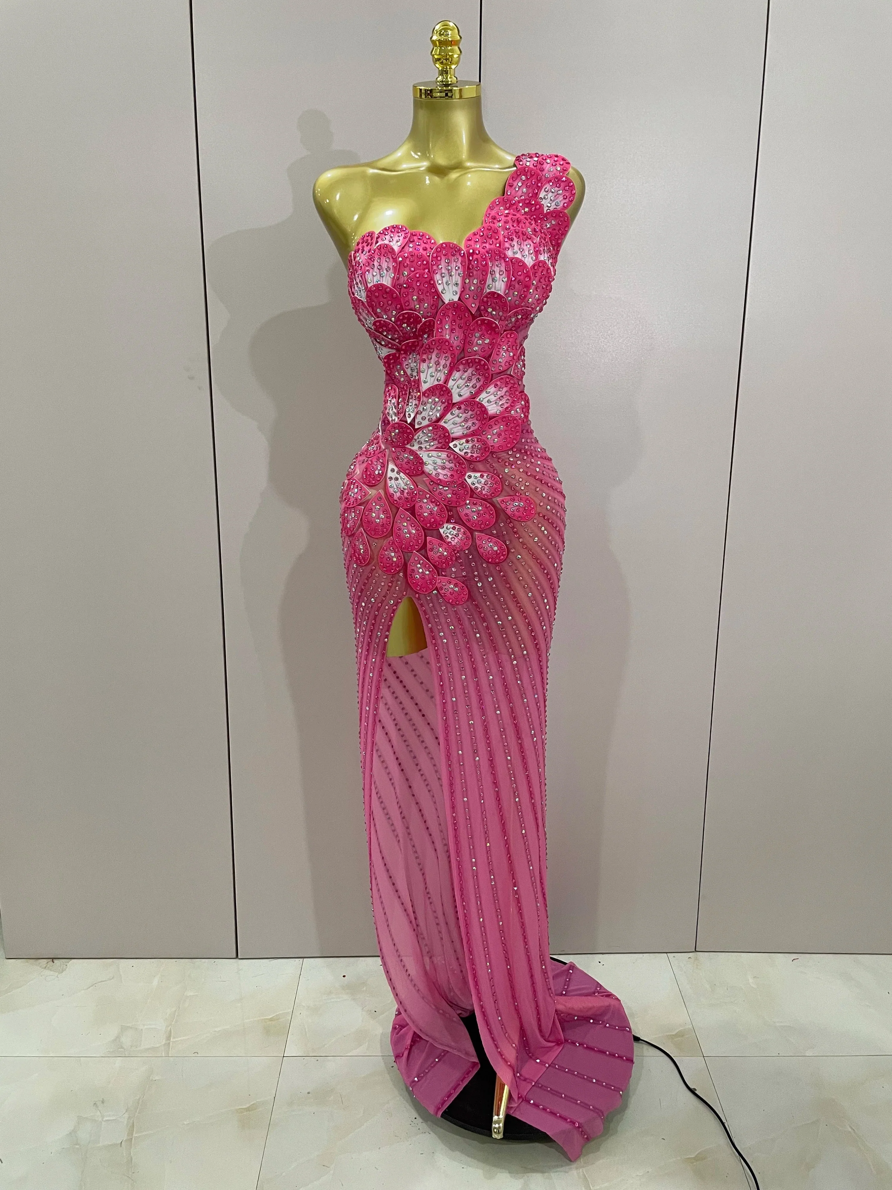 Luxury Shinning Rhinestones Flowers Sexy One Shoulder Bodycon Maxi Long Dress  Women Evening Birthday Party Stage Costume