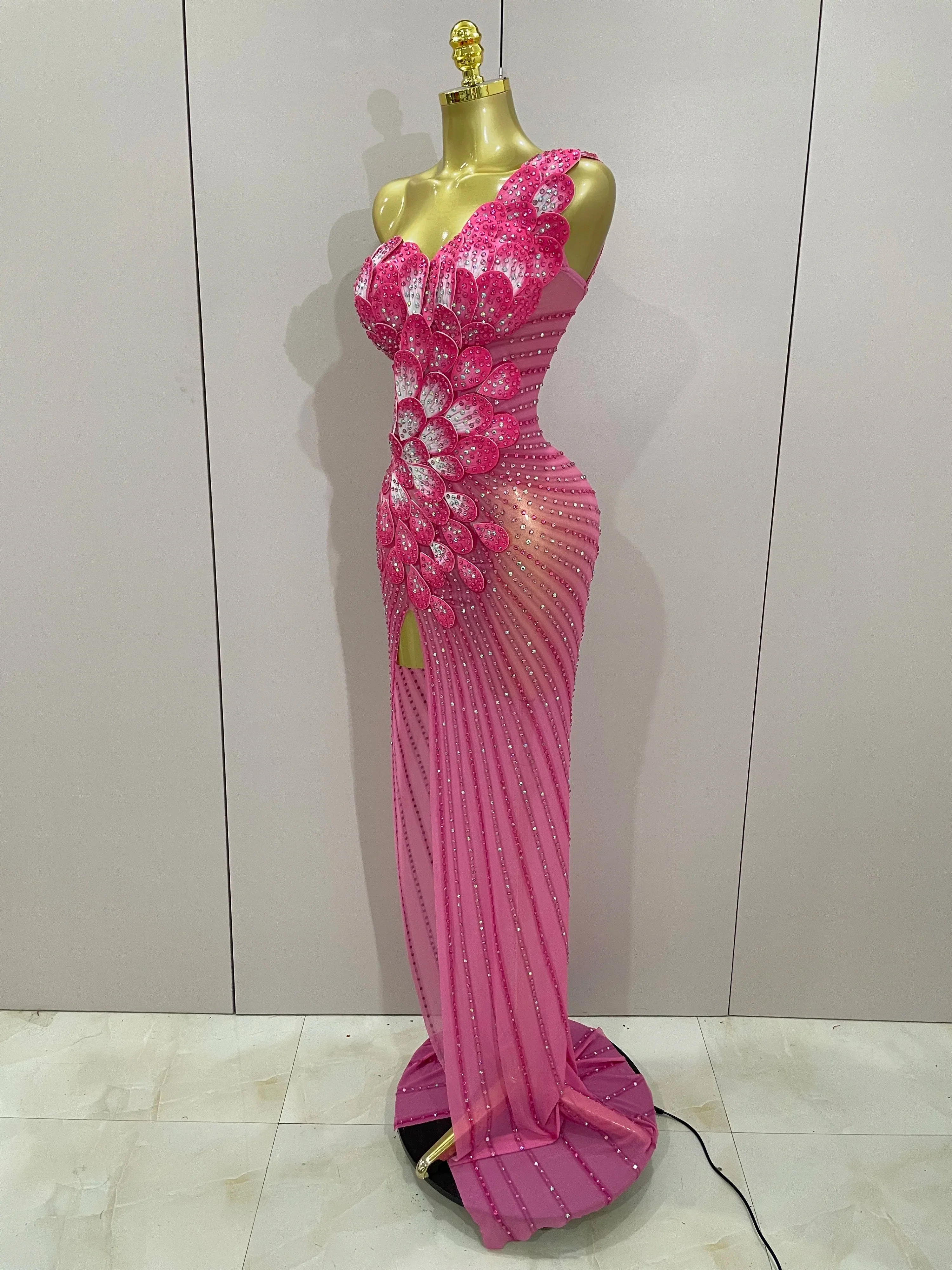 Luxury Shinning Rhinestones Flowers Sexy One Shoulder Bodycon Maxi Long Dress  Women Evening Birthday Party Stage Costume - Image 2