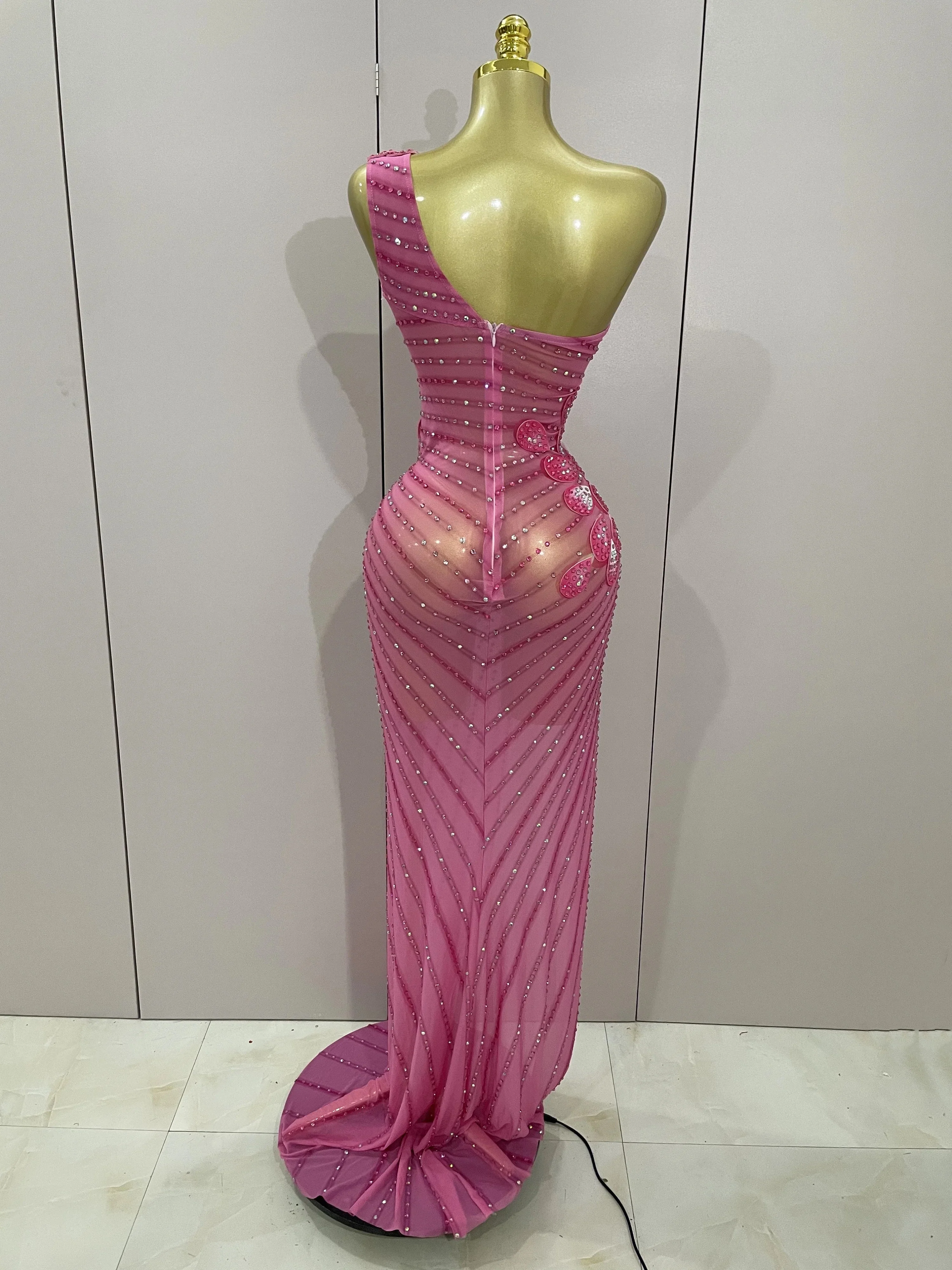Luxury Shinning Rhinestones Flowers Sexy One Shoulder Bodycon Maxi Long Dress  Women Evening Birthday Party Stage Costume - Image 3