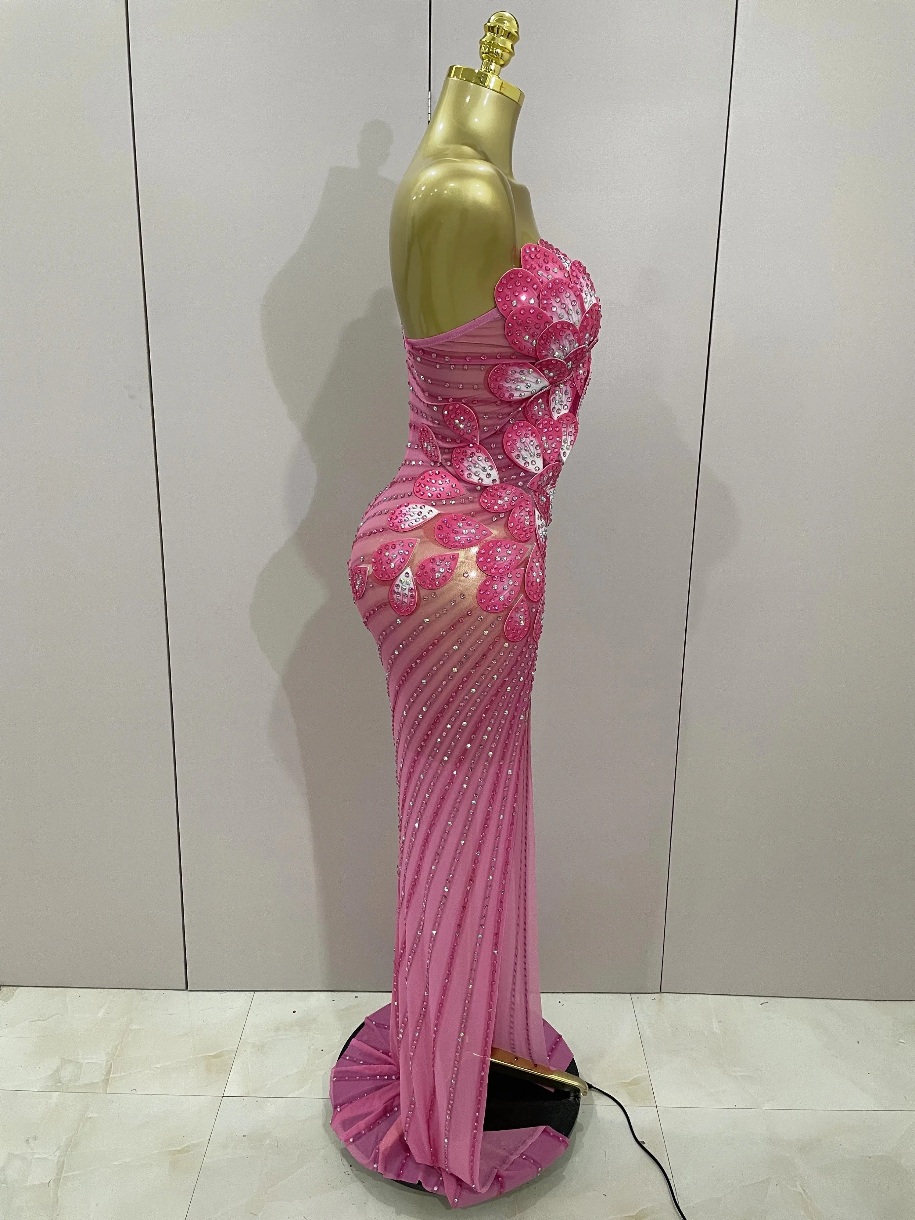 Luxury Shinning Rhinestones Flowers Sexy One Shoulder Bodycon Maxi Long Dress  Women Evening Birthday Party Stage Costume - Image 4