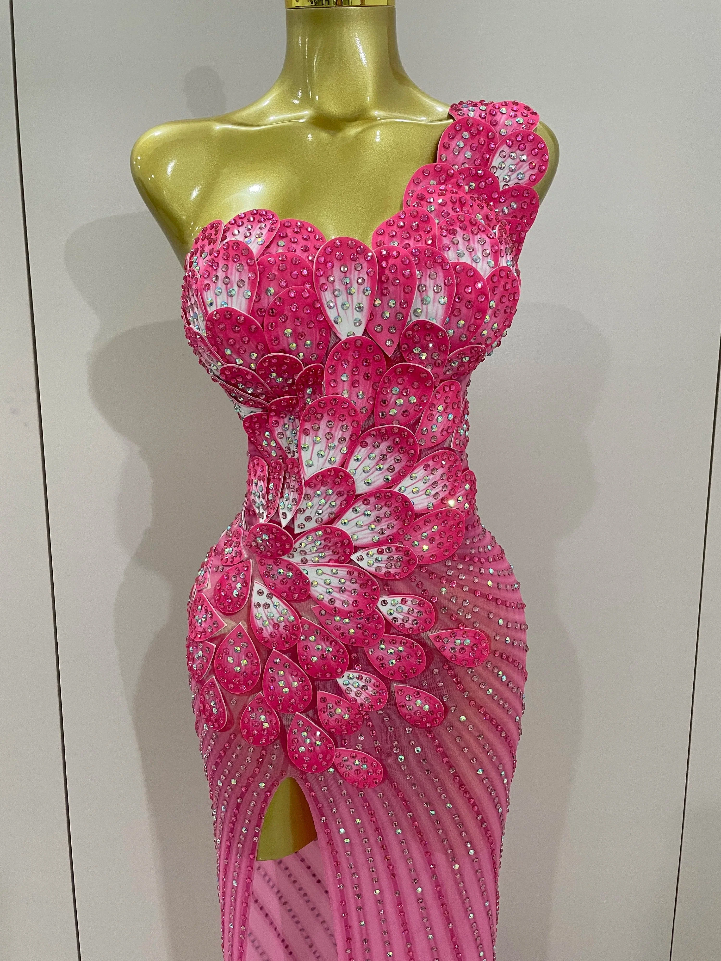 Luxury Shinning Rhinestones Flowers Sexy One Shoulder Bodycon Maxi Long Dress  Women Evening Birthday Party Stage Costume - Image 5