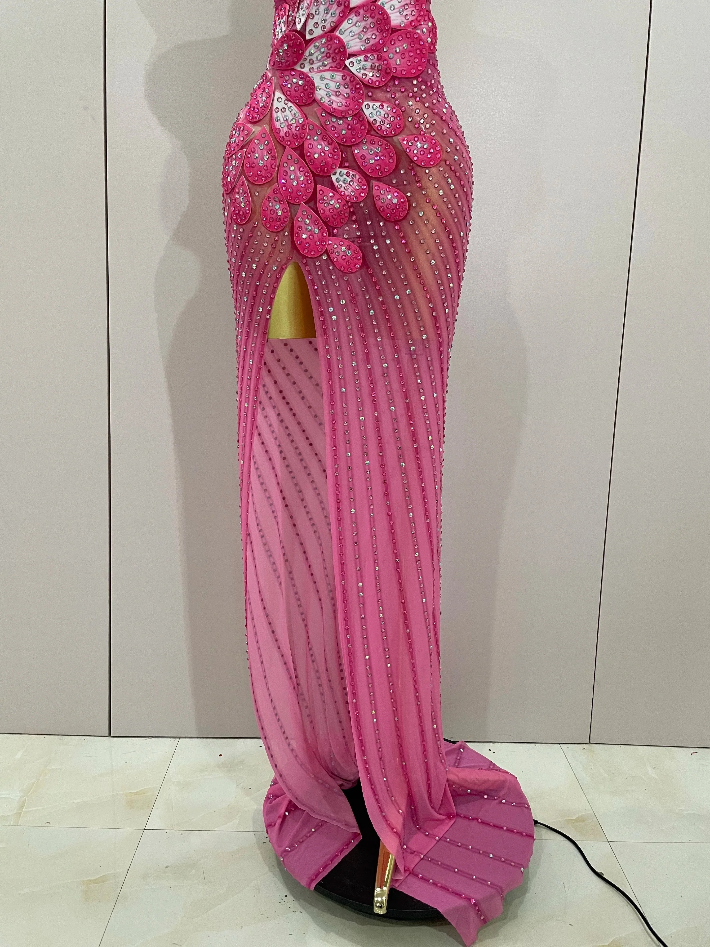 Luxury Shinning Rhinestones Flowers Sexy One Shoulder Bodycon Maxi Long Dress  Women Evening Birthday Party Stage Costume - Image 6