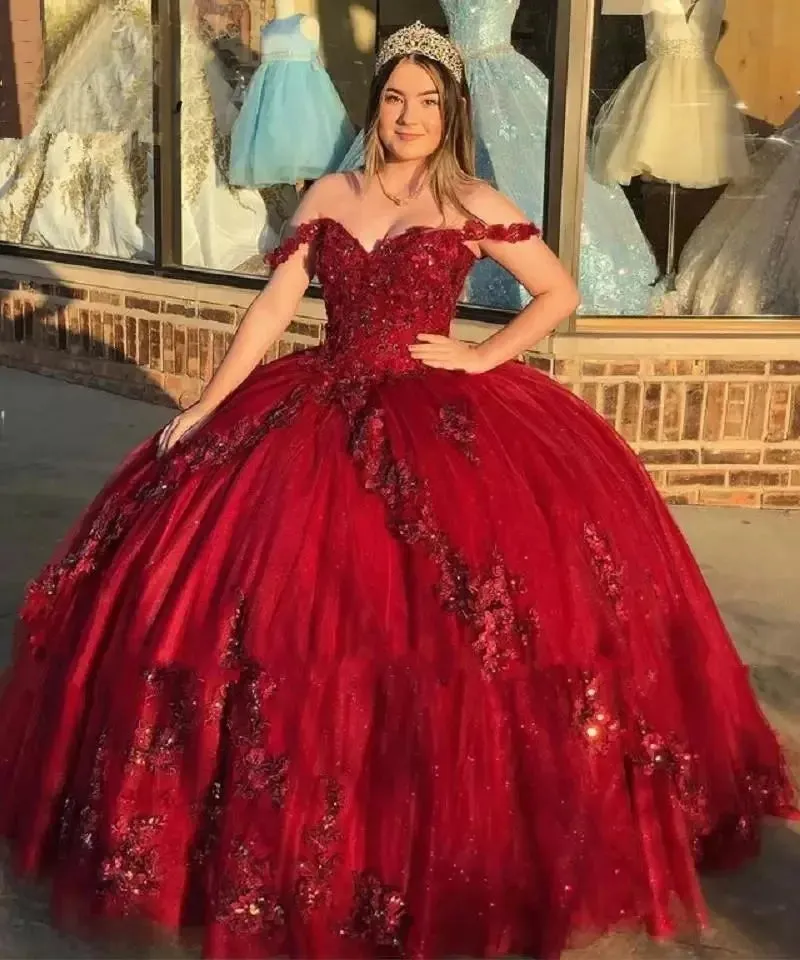 Luxury Shiny Burgundy Quinceanera Dresses Vestidos De 15 Anos Off-Shoulder 3D Flower Applique Formal Princess Gown - Image 3