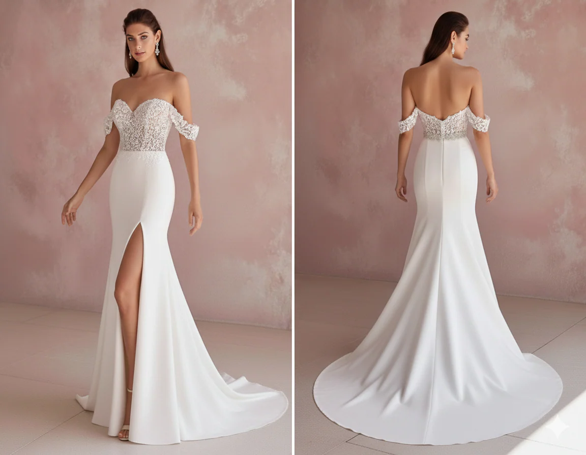 Off Shoulder Satin Wedding Dress Long Formal Bridal