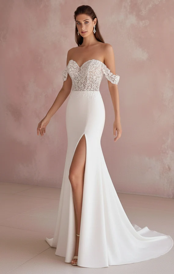 Off Shoulder Satin Wedding Dress Long Formal Bridal - Image 2