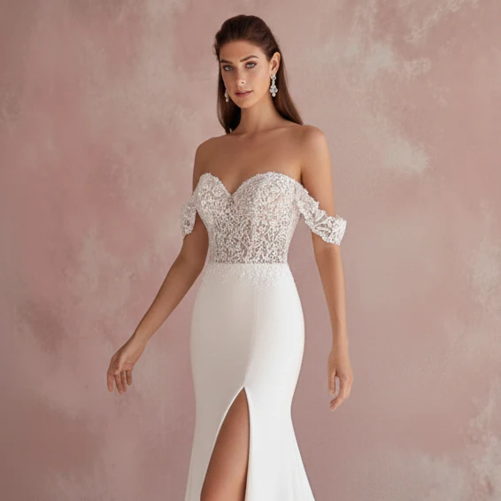 Off Shoulder Satin Wedding Dress Long Formal Bridal - Image 4