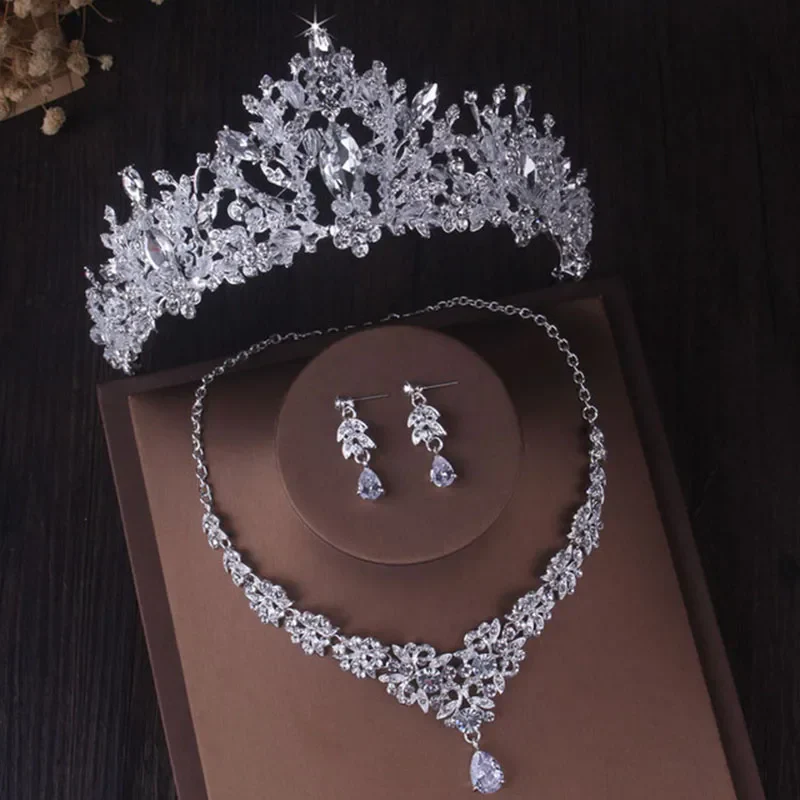 Luxury Silver Color Crystal Water Drop Bridal Jewelry Sets Rhinestone Tiaras Crown Necklace Earrings Wedding Dubai Jewelry Set - Image 10