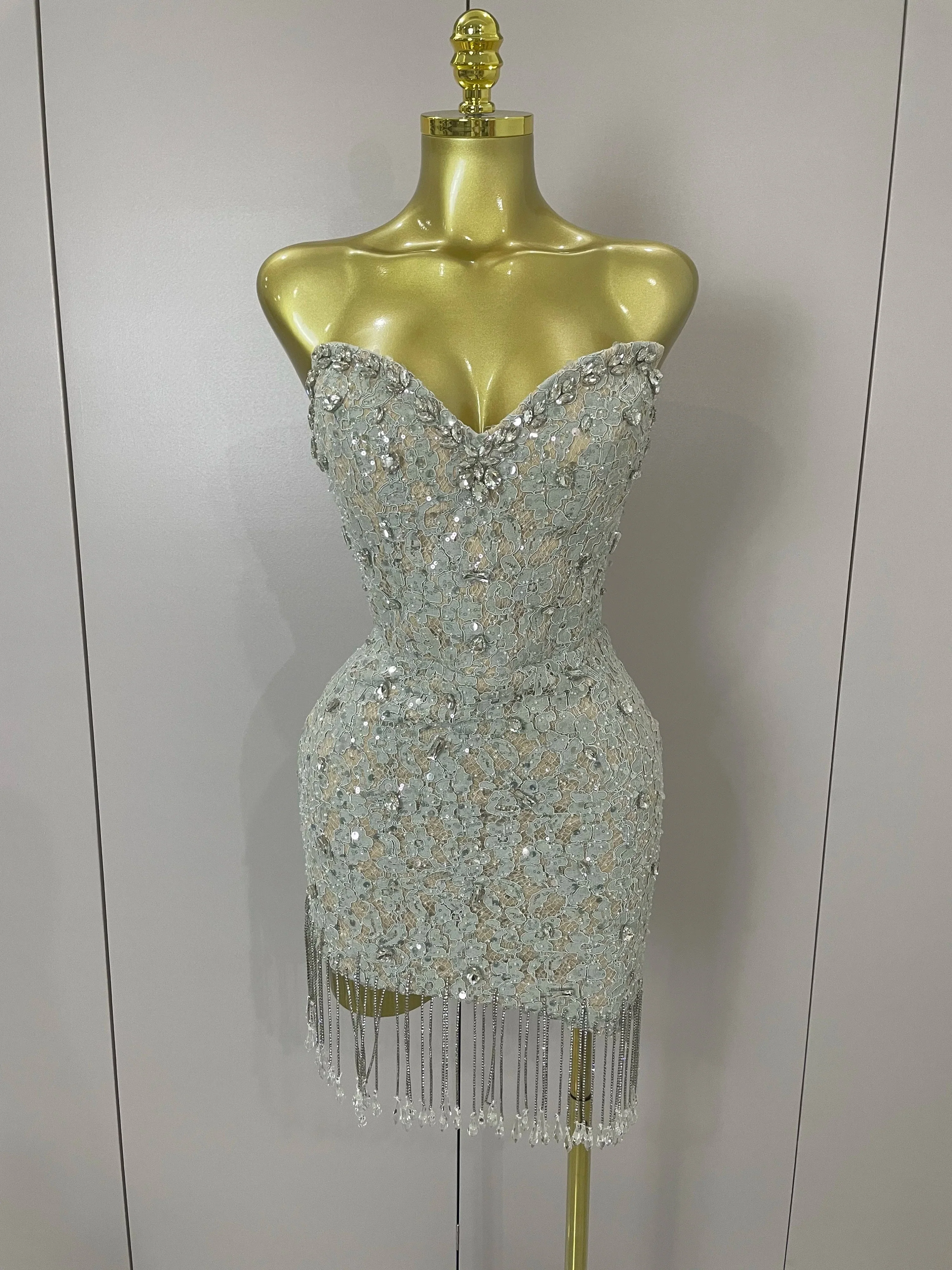 Luxury Sparkle Diamond Tassel Halter Cocktail Dress  Women Elegant Evening Formal Gowns Wedding Party Dresses Stage Costumes
