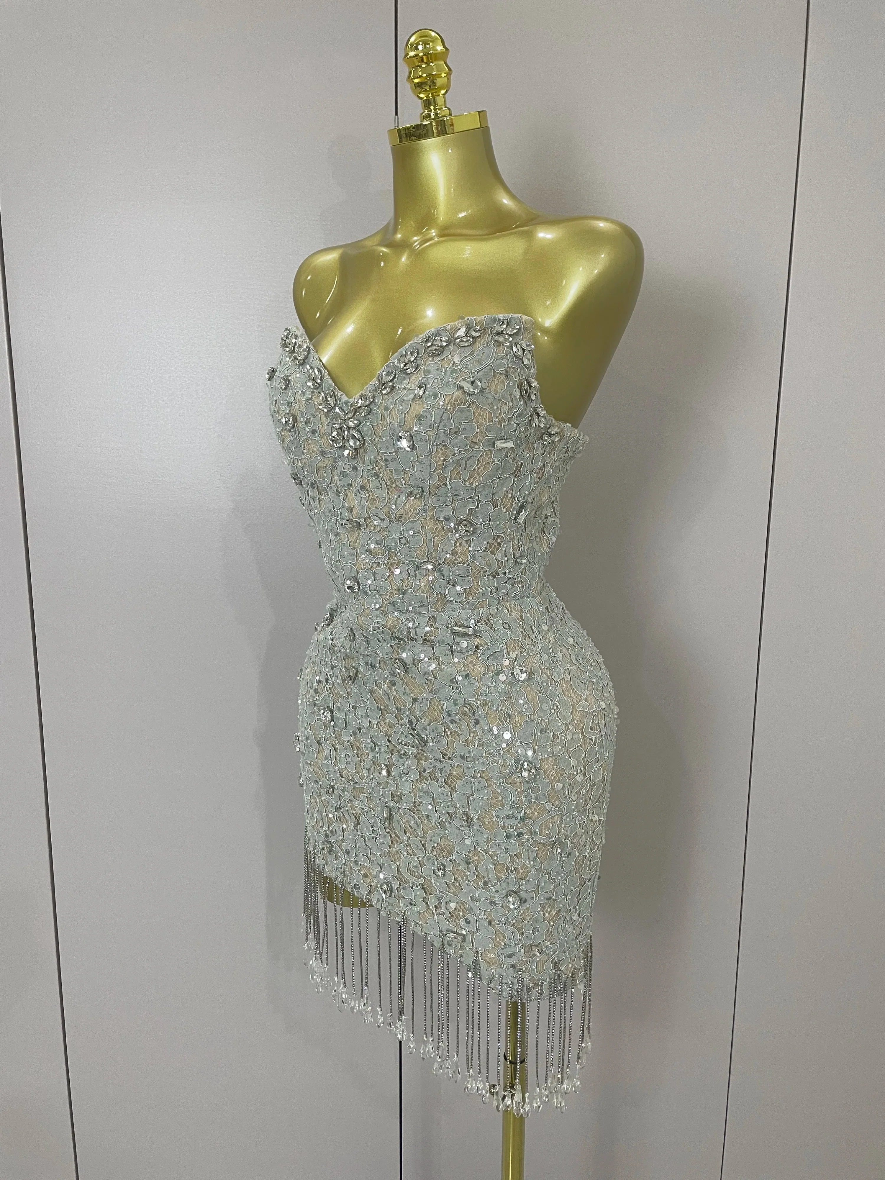 Luxury Sparkle Diamond Tassel Halter Cocktail Dress  Women Elegant Evening Formal Gowns Wedding Party Dresses Stage Costumes - Image 2