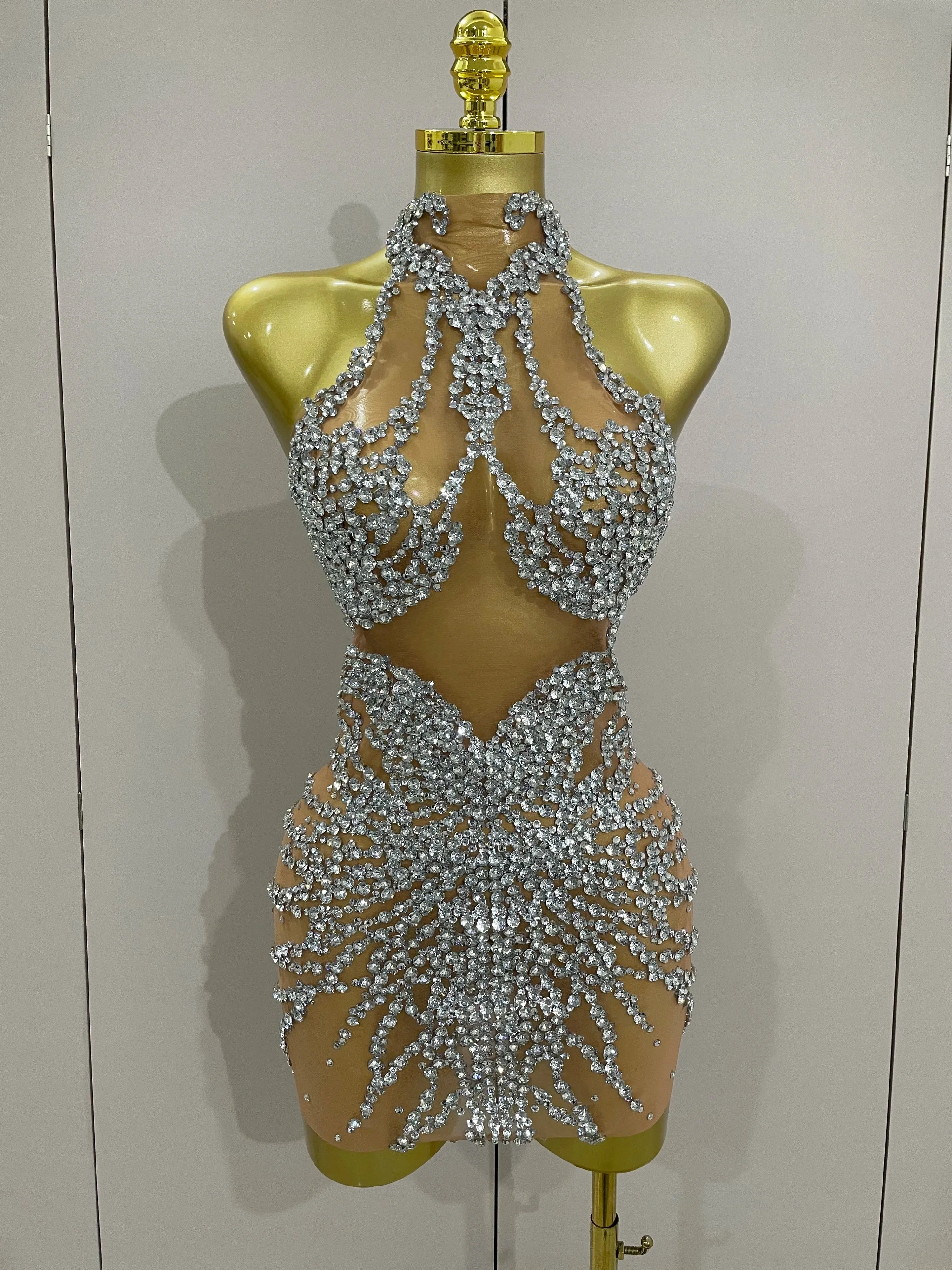 Luxury Sparkle Rhinestones Mesh Transparent Prom Dress  Women Sexy Birthday Celebrate Party Club Prom Outfit Bar Costume - Image 7