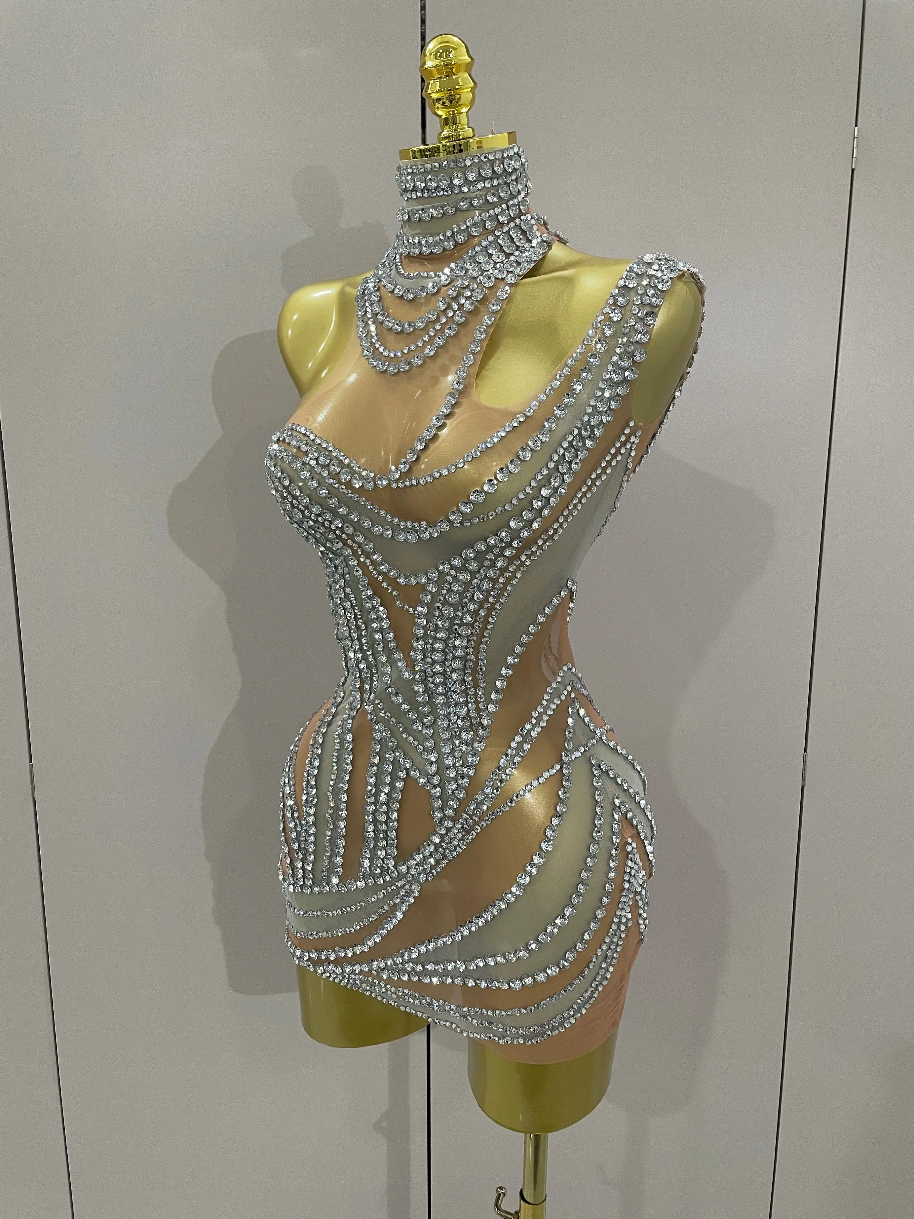 Luxury Sparkly Crystals See Through Mini Dress Women Celebrate Birthday Party Gowns Singer Performance Stretch Stage Costume - Image 2