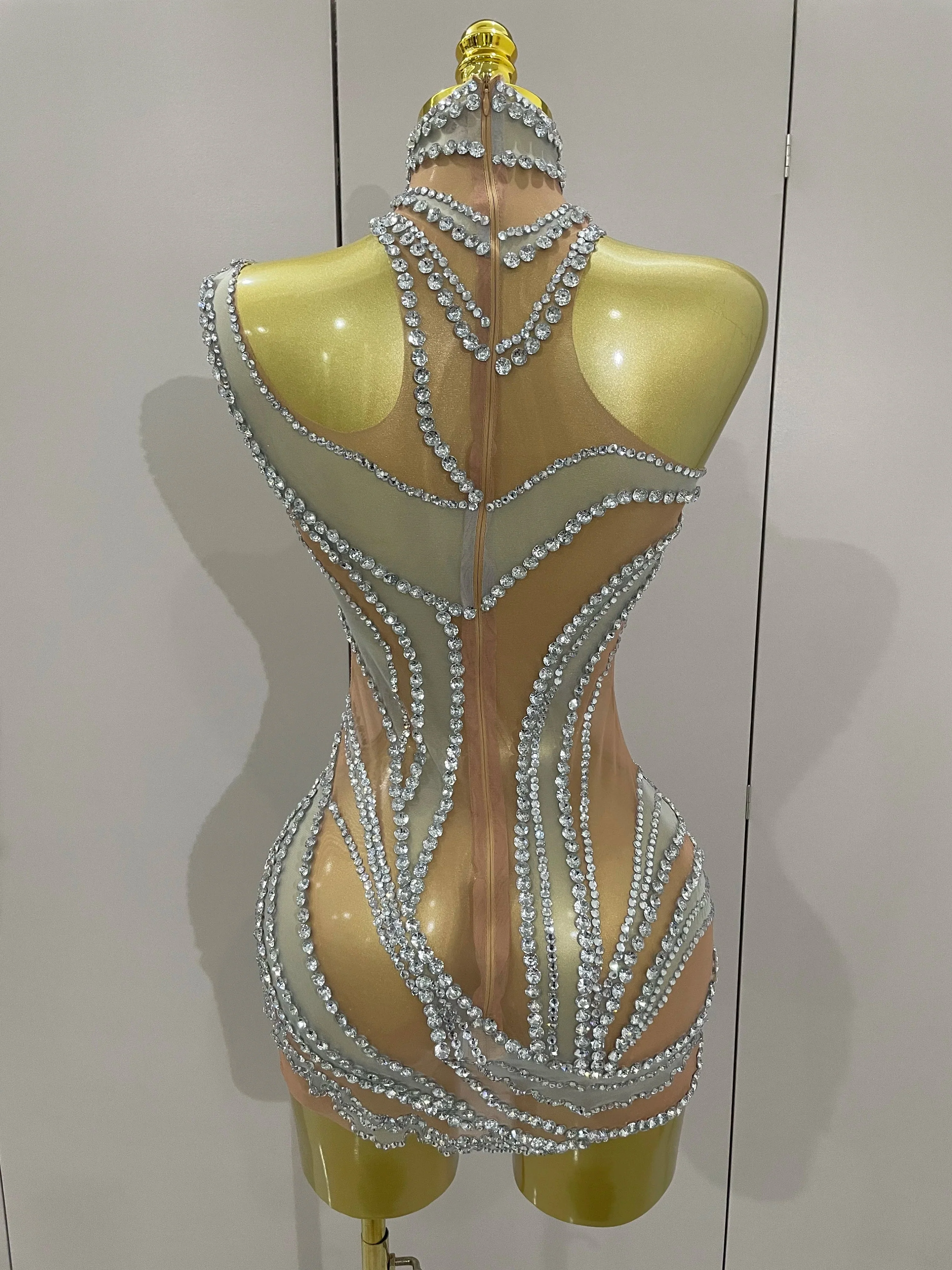 Luxury Sparkly Crystals See Through Mini Dress Women Celebrate Birthday Party Gowns Singer Performance Stretch Stage Costume - Image 3