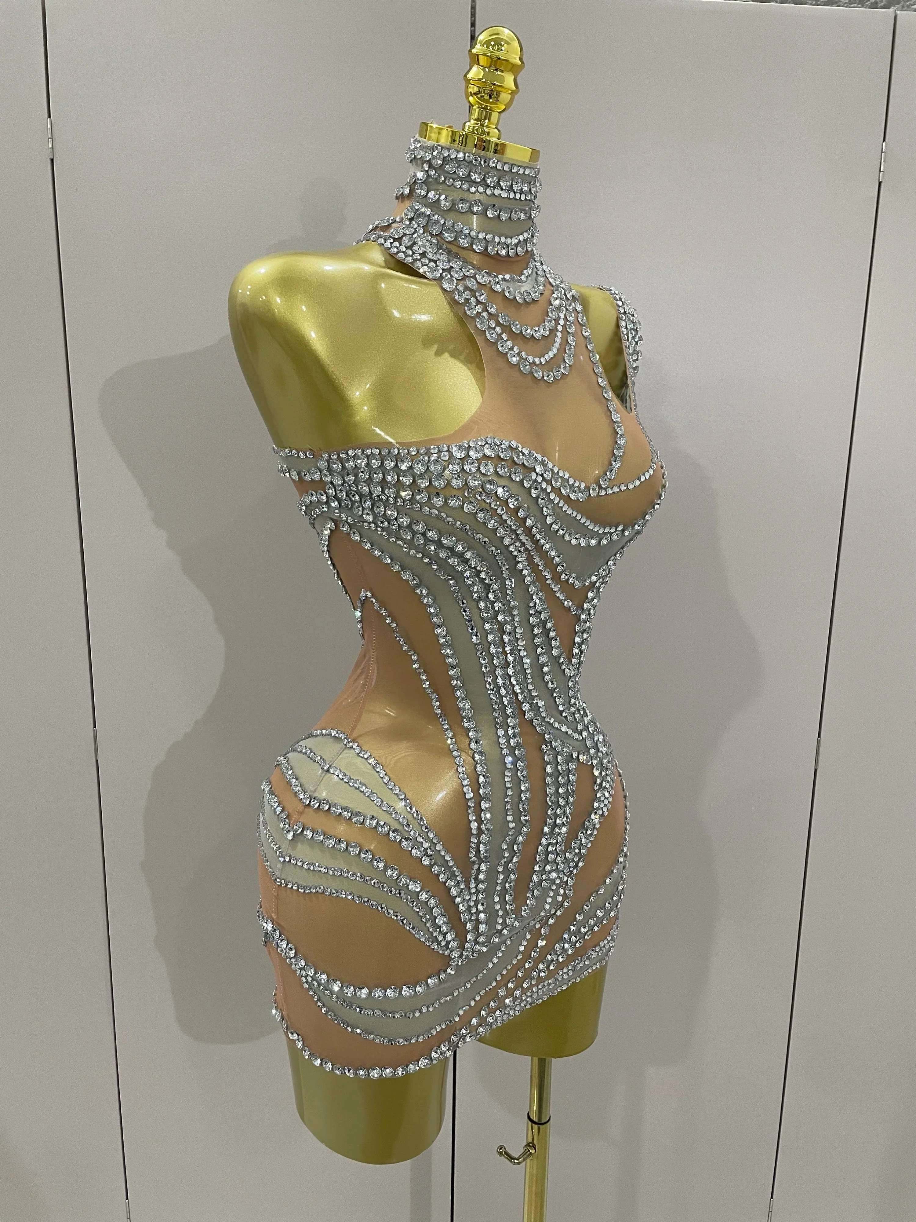 Luxury Sparkly Crystals See Through Mini Dress Women Celebrate Birthday Party Gowns Singer Performance Stretch Stage Costume - Image 4