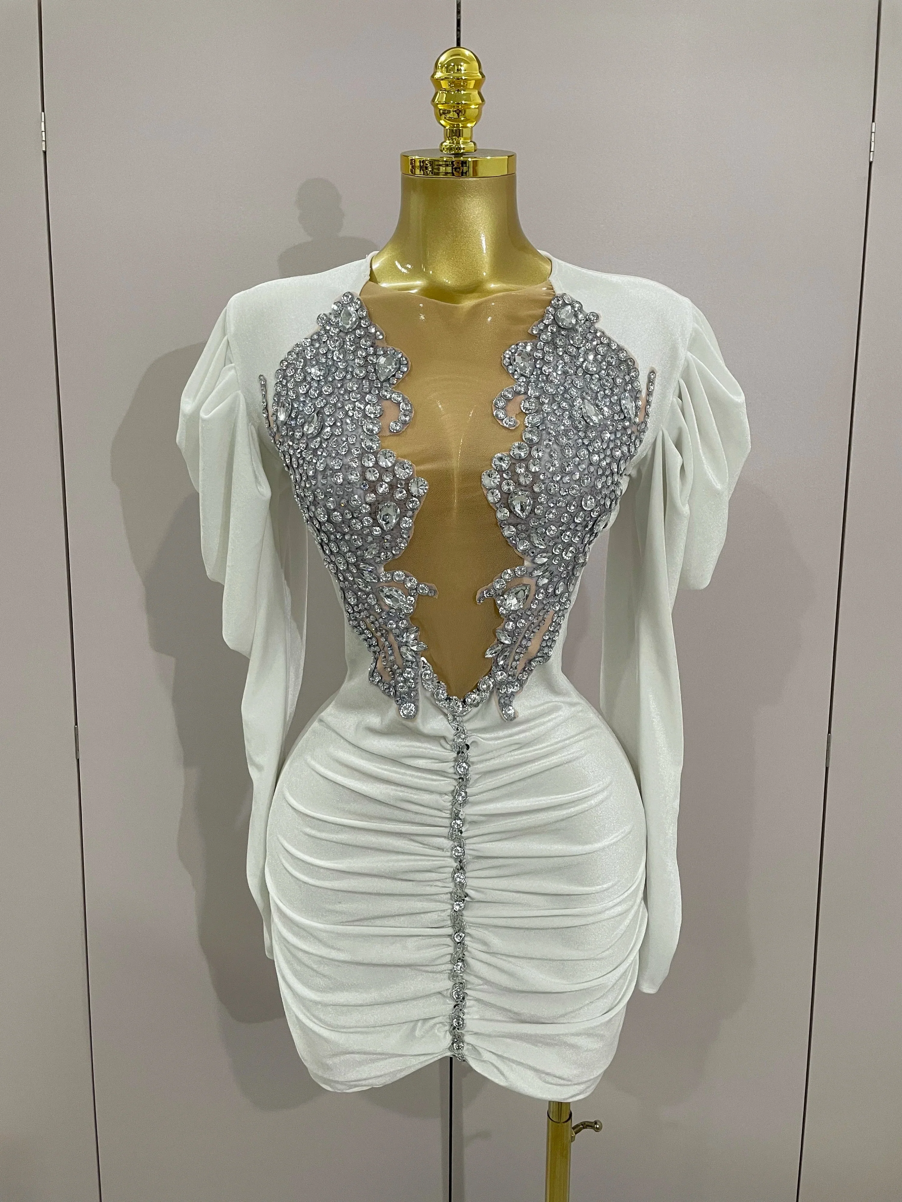 Luxury Sparkly Crystals Sexy Mesh White Velvet Short Dress  Women Elegant Evening Prom Birthday Party Dresses Stage Costume