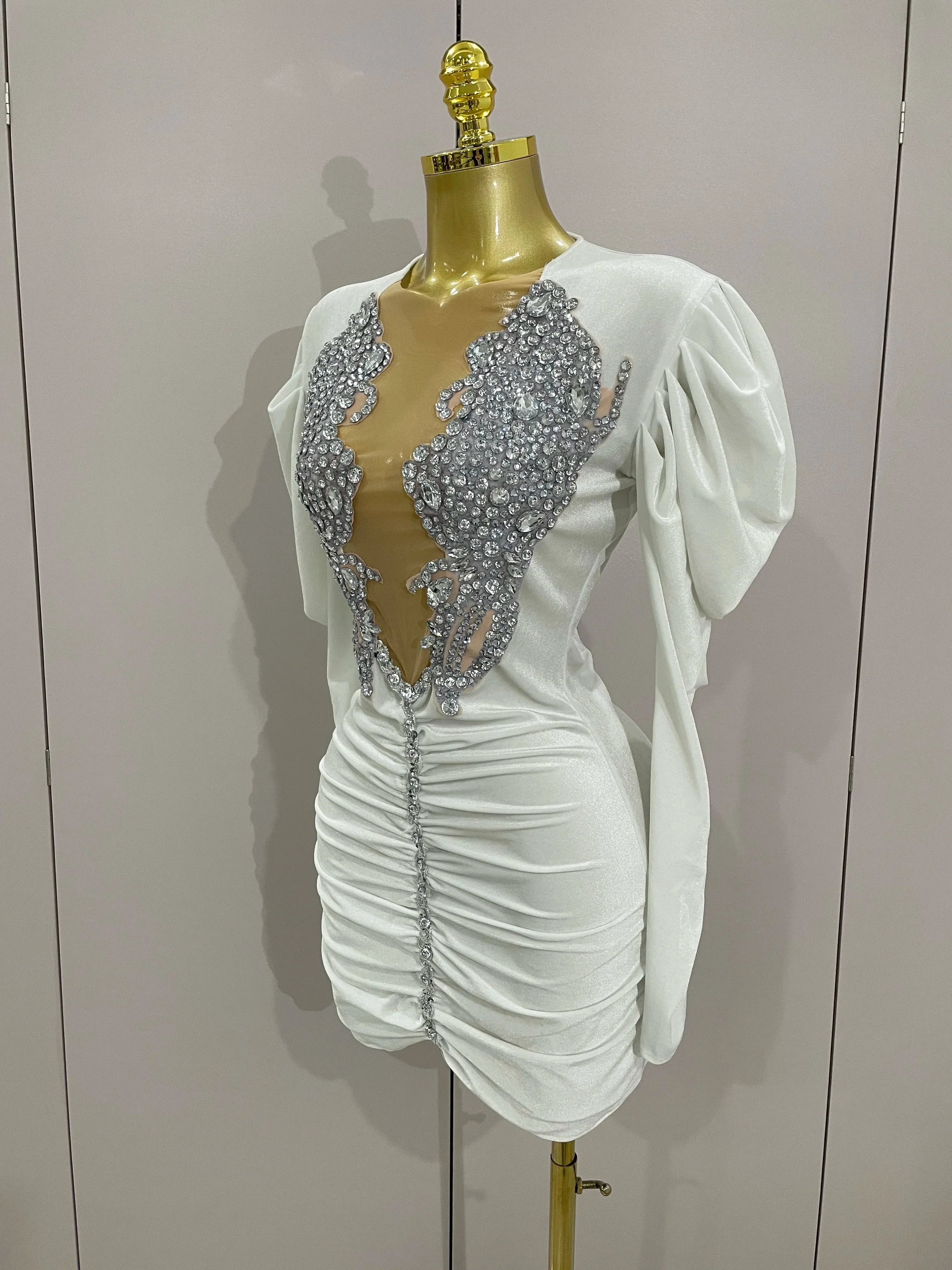 Luxury Sparkly Crystals Sexy Mesh White Velvet Short Dress  Women Elegant Evening Prom Birthday Party Dresses Stage Costume - Image 2