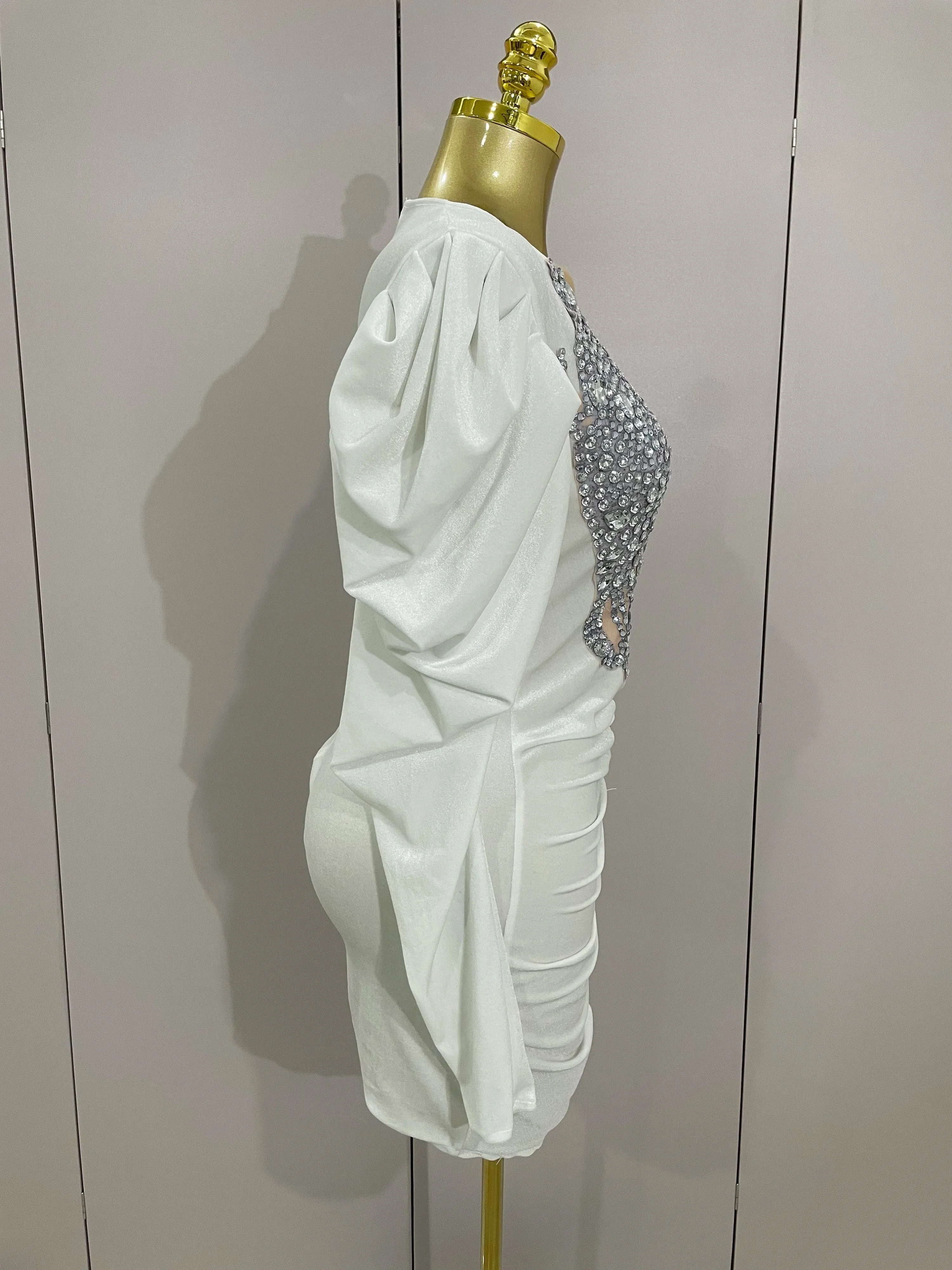 Luxury Sparkly Crystals Sexy Mesh White Velvet Short Dress  Women Elegant Evening Prom Birthday Party Dresses Stage Costume - Image 4