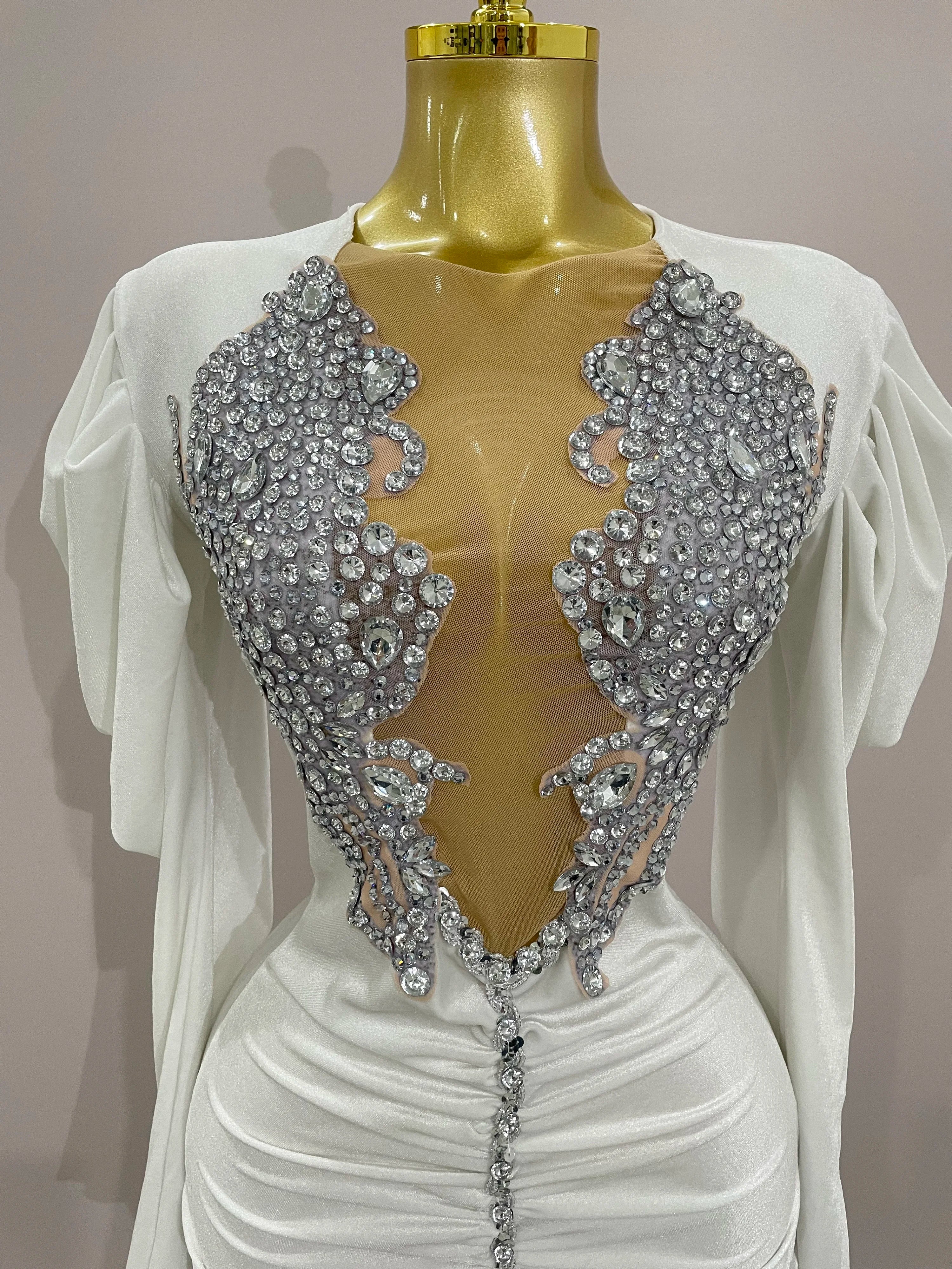 Luxury Sparkly Crystals Sexy Mesh White Velvet Short Dress  Women Elegant Evening Prom Birthday Party Dresses Stage Costume - Image 5