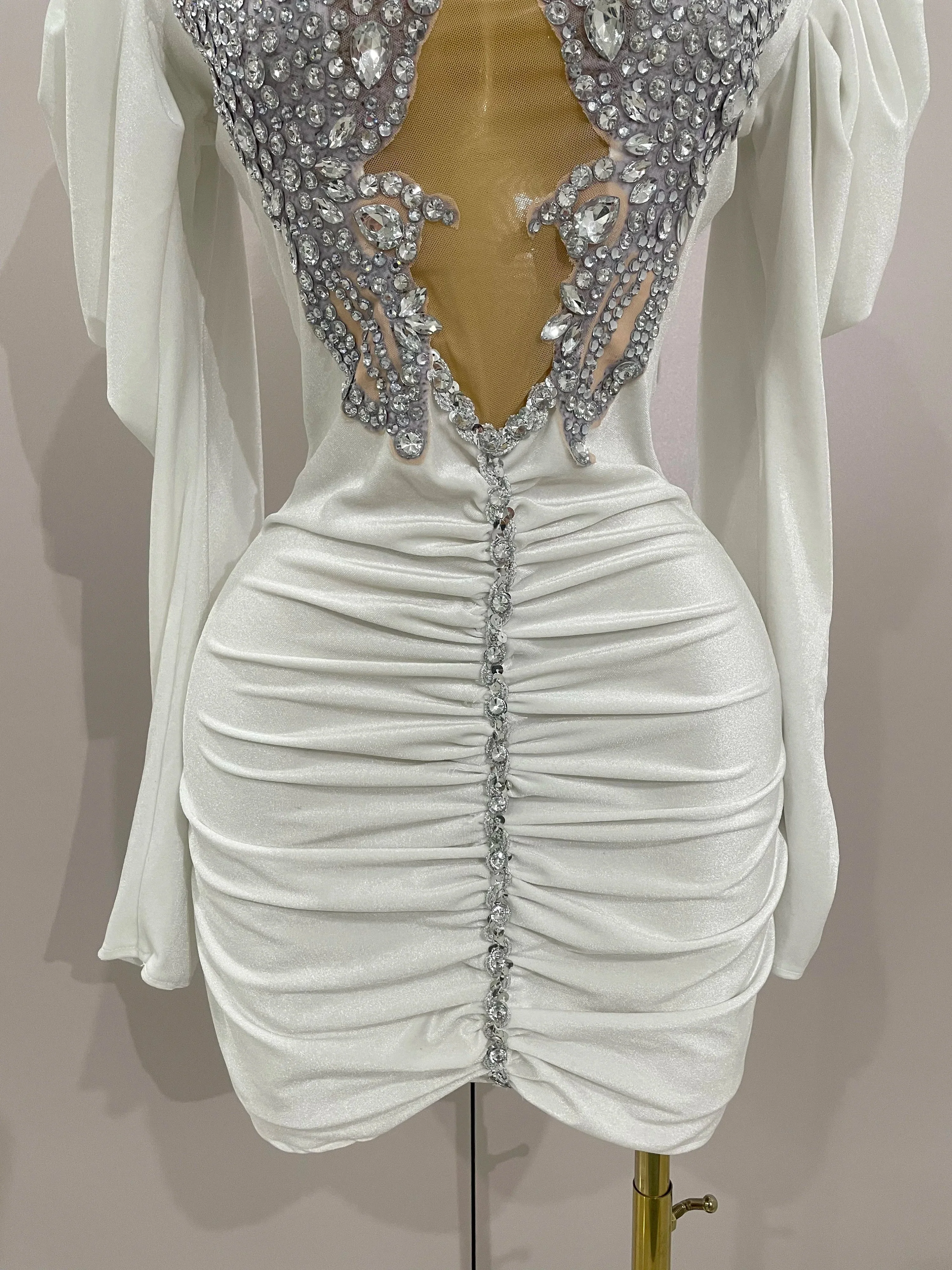Luxury Sparkly Crystals Sexy Mesh White Velvet Short Dress  Women Elegant Evening Prom Birthday Party Dresses Stage Costume - Image 6