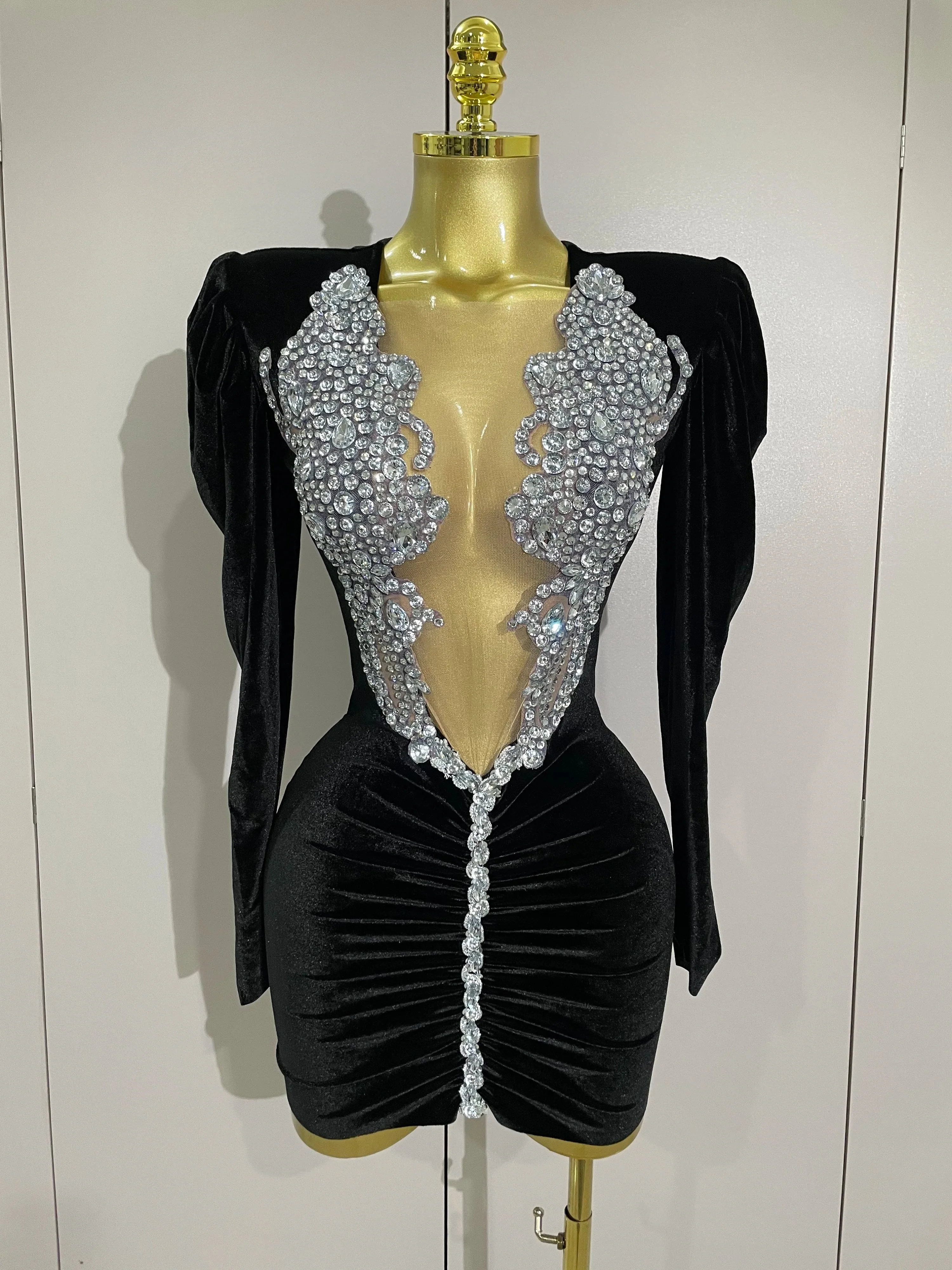 Luxury Sparkly Crystals Sexy Mesh White Velvet Short Dress  Women Elegant Evening Prom Birthday Party Dresses Stage Costume - Image 7