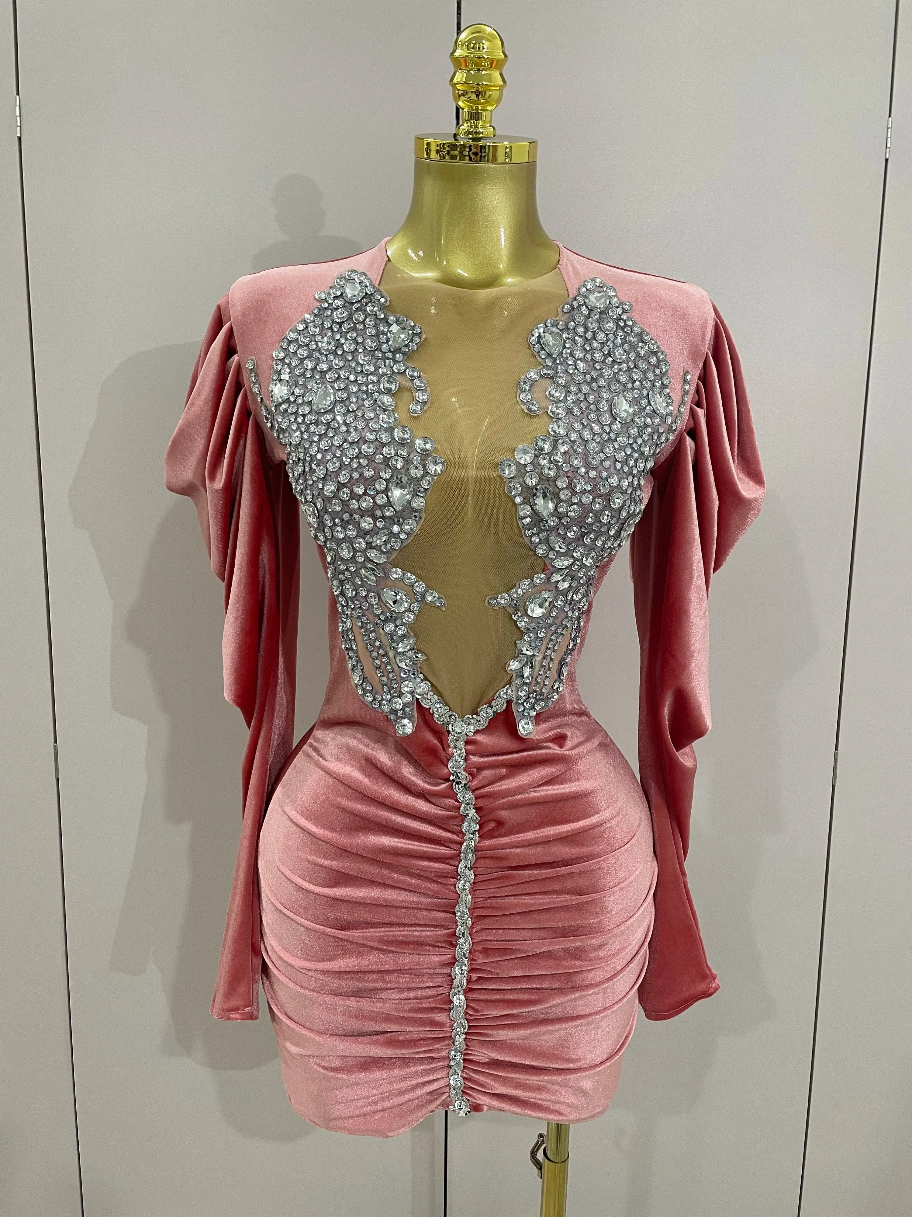 Luxury Sparkly Crystals Sexy Mesh White Velvet Short Dress  Women Elegant Evening Prom Birthday Party Dresses Stage Costume - Image 8