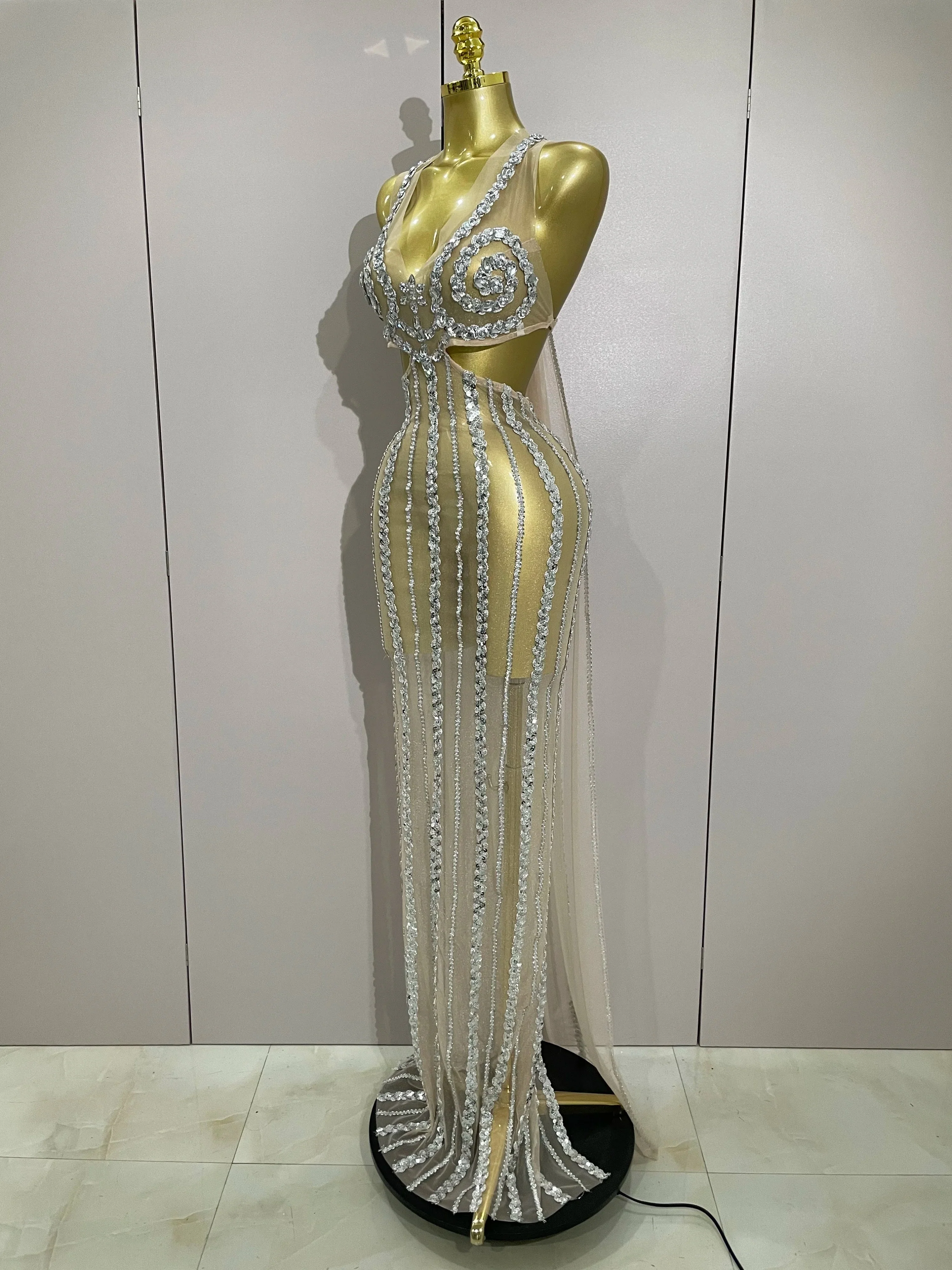 Luxury Sparkly Diamonds Sequins Sexy Mesh See Through Long Dress  Women Celebrate Birthday party Dresses Festival Costume - Image 2