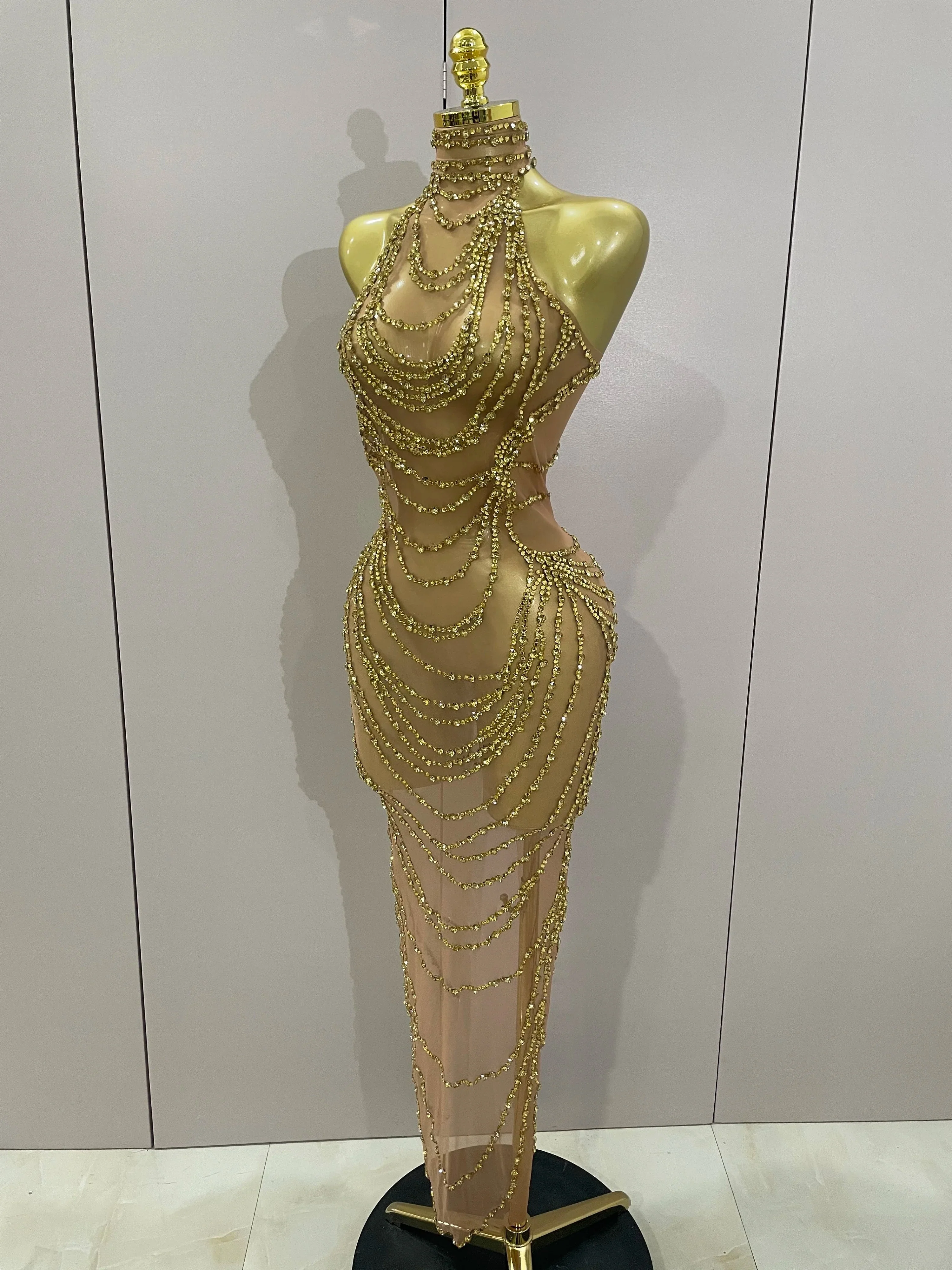 Luxury Sparkly Gold Rhinestone Sexy Transparent Mesh Long Dress  Women Birthday Party Gown Stage Singer Performance Costume - Image 2