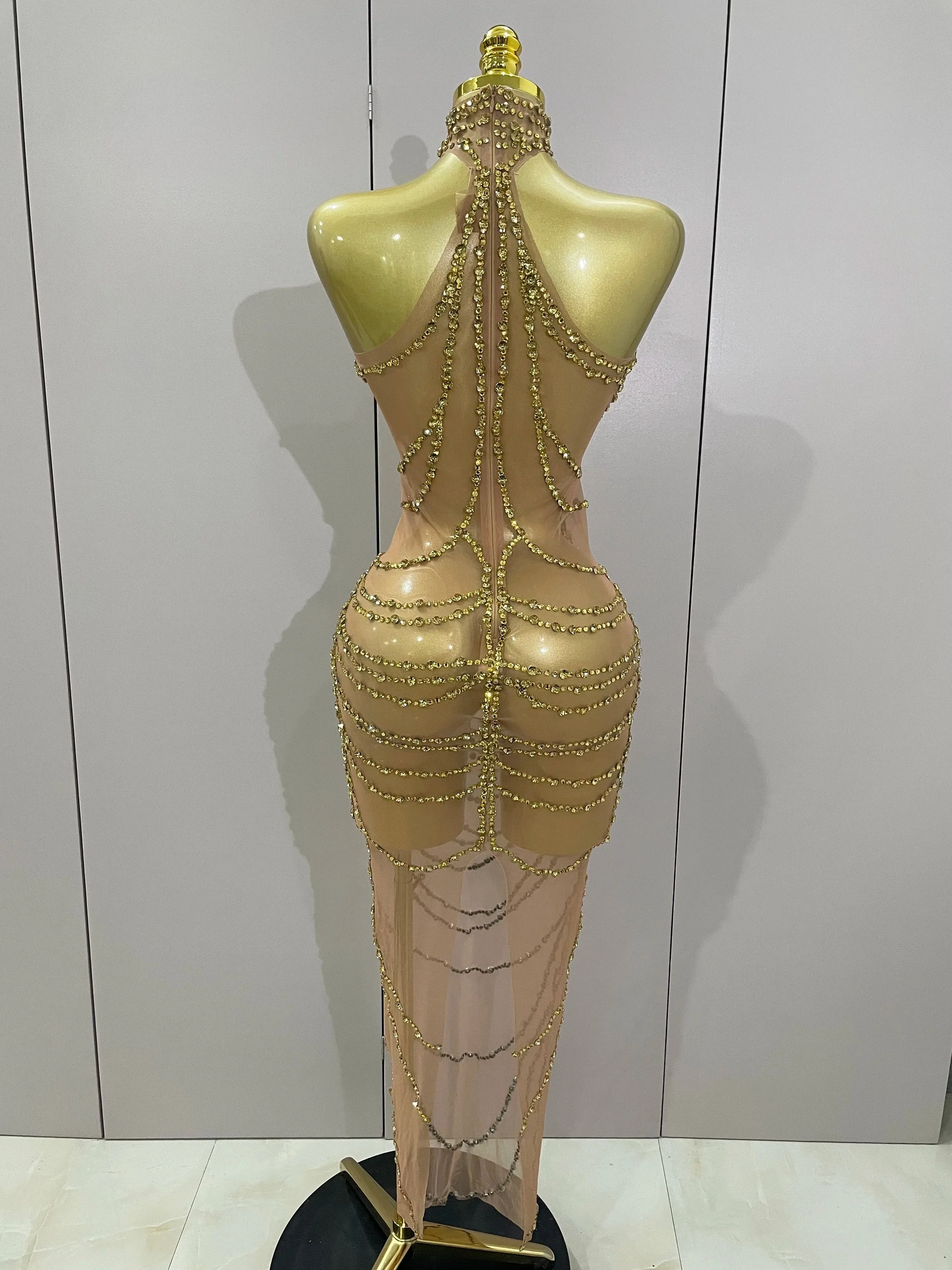 Luxury Sparkly Gold Rhinestone Sexy Transparent Mesh Long Dress  Women Birthday Party Gown Stage Singer Performance Costume - Image 3