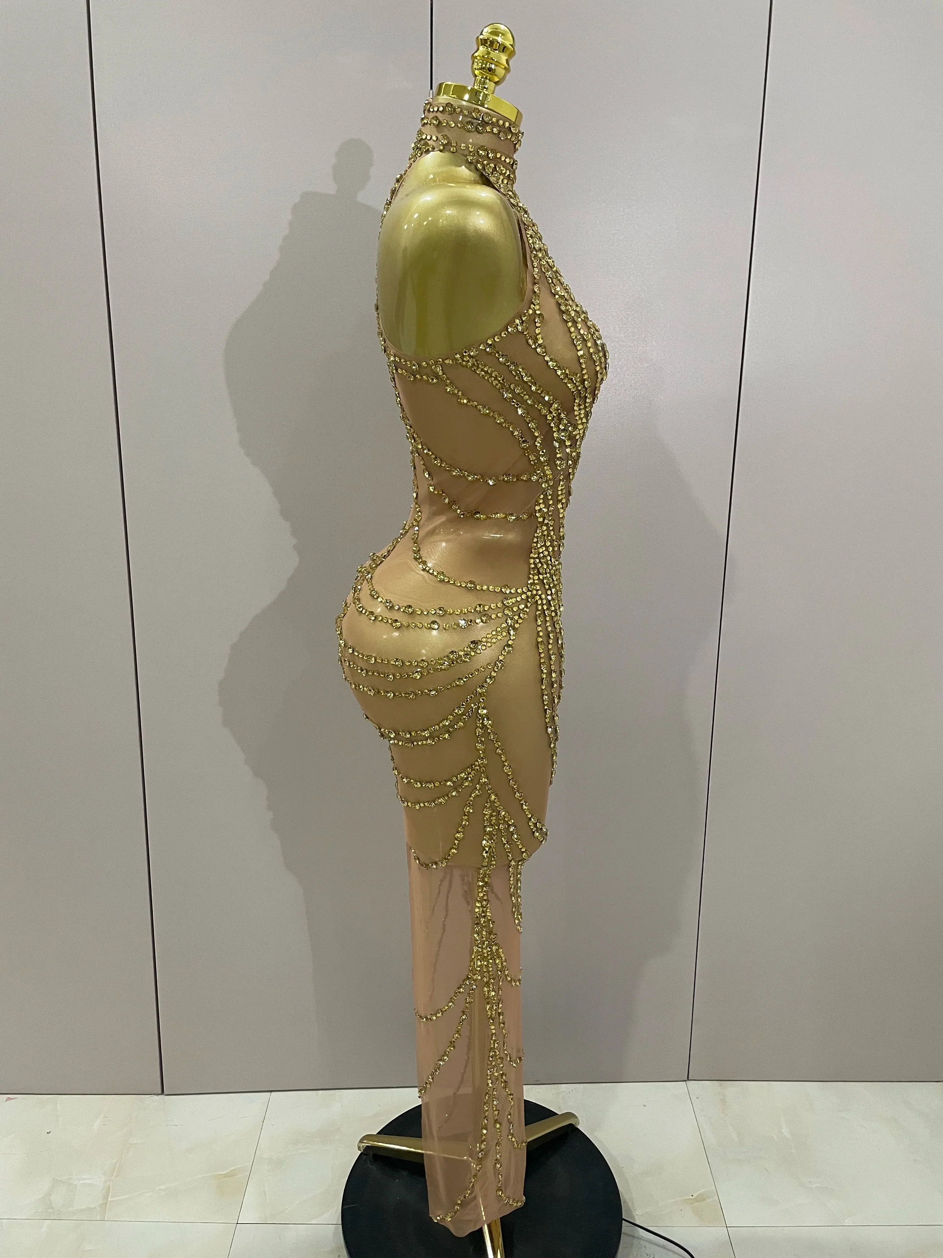 Luxury Sparkly Gold Rhinestone Sexy Transparent Mesh Long Dress  Women Birthday Party Gown Stage Singer Performance Costume - Image 4