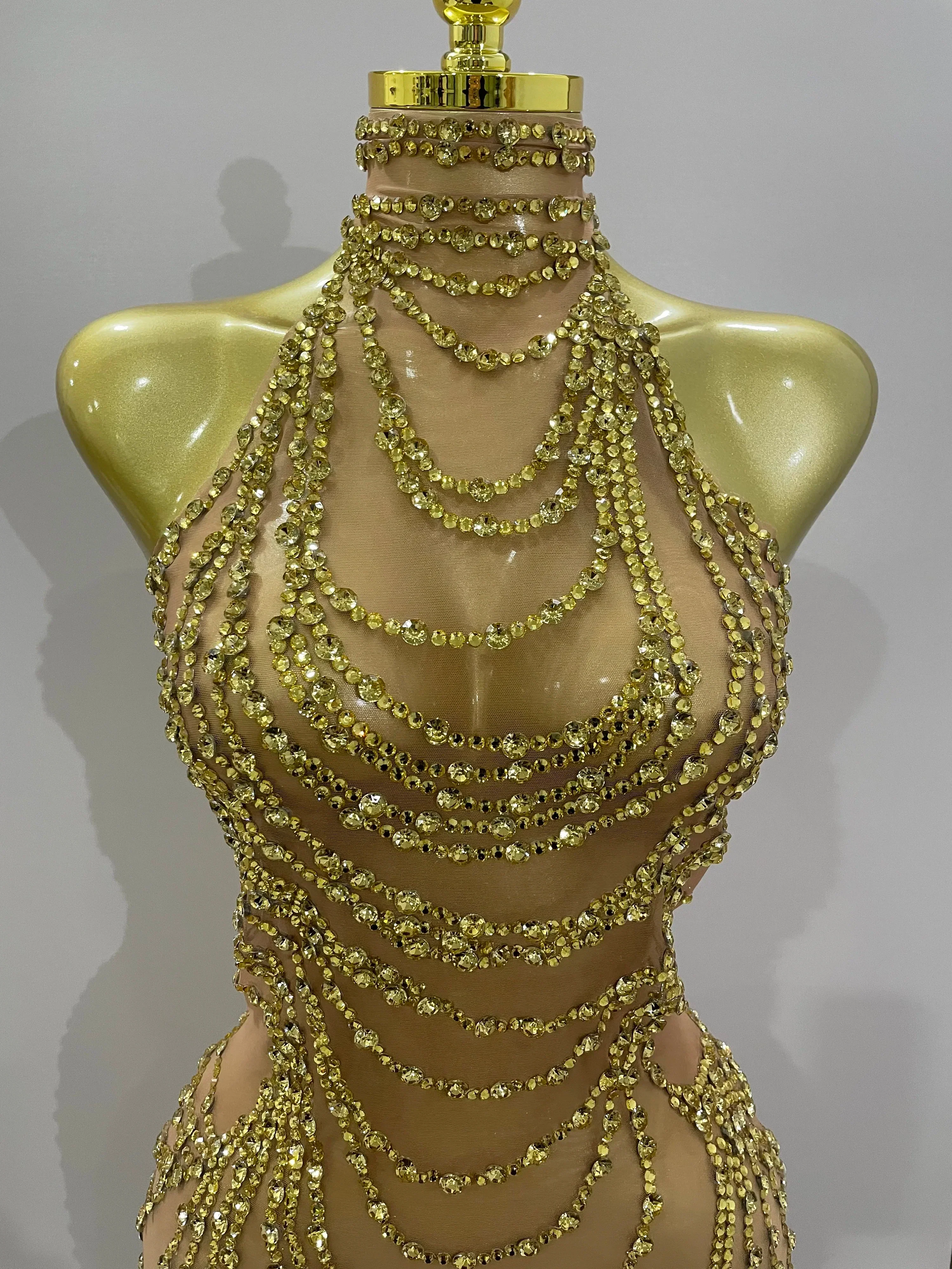 Luxury Sparkly Gold Rhinestone Sexy Transparent Mesh Long Dress  Women Birthday Party Gown Stage Singer Performance Costume - Image 5